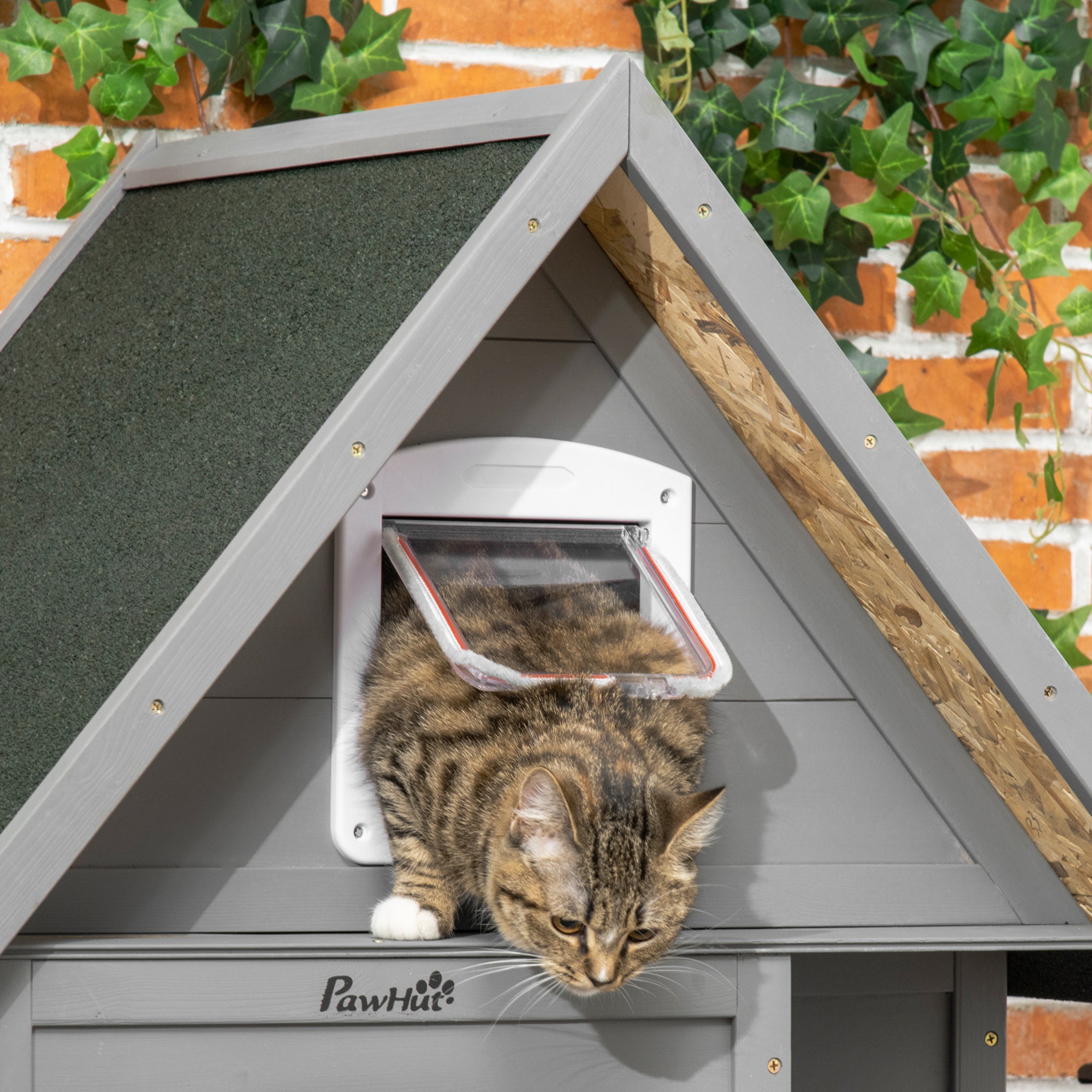 PawHut Wooden Cat House Outdoor with Escape Door, Weatherproof 3-Floor Cat Shelter for 1-2 Feral Cats with Asphalt Roof, Balcony, Stair, Gray