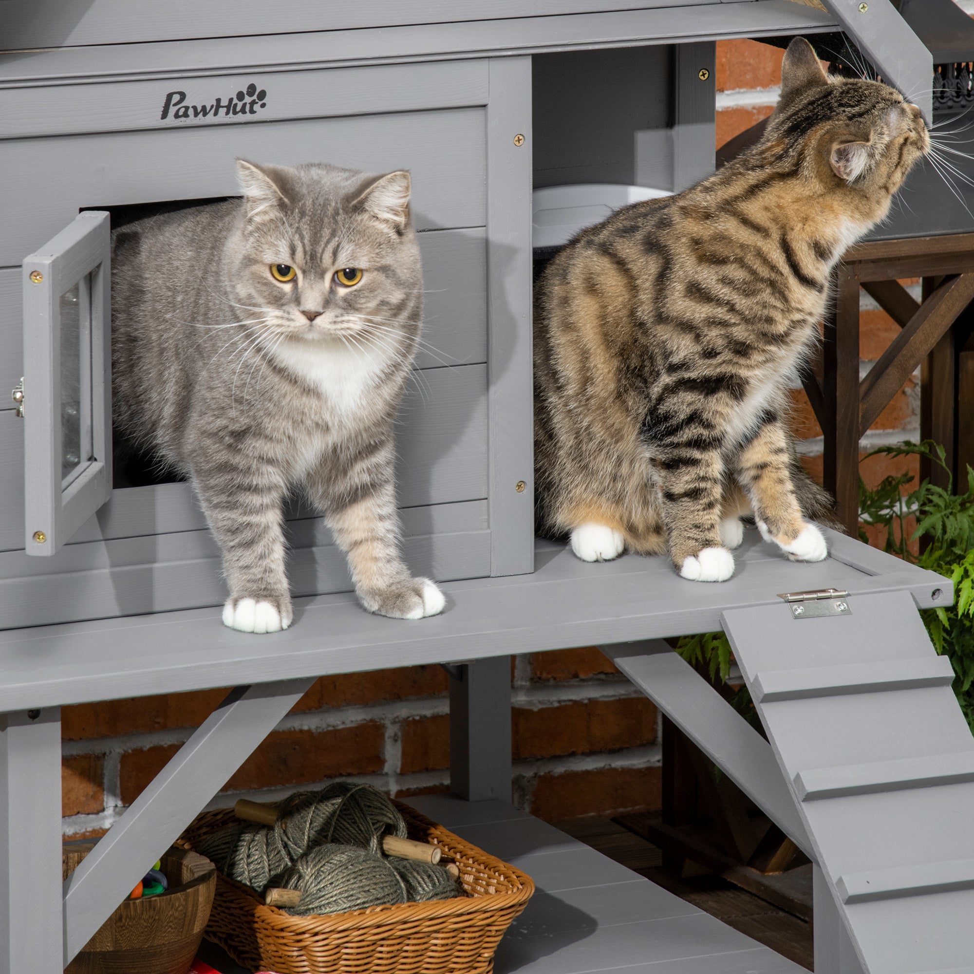 PawHut Wooden Cat House Outdoor with Escape Door, Weatherproof 3-Floor Cat Shelter for 1-2 Feral Cats with Asphalt Roof, Balcony, Stair, Gray
