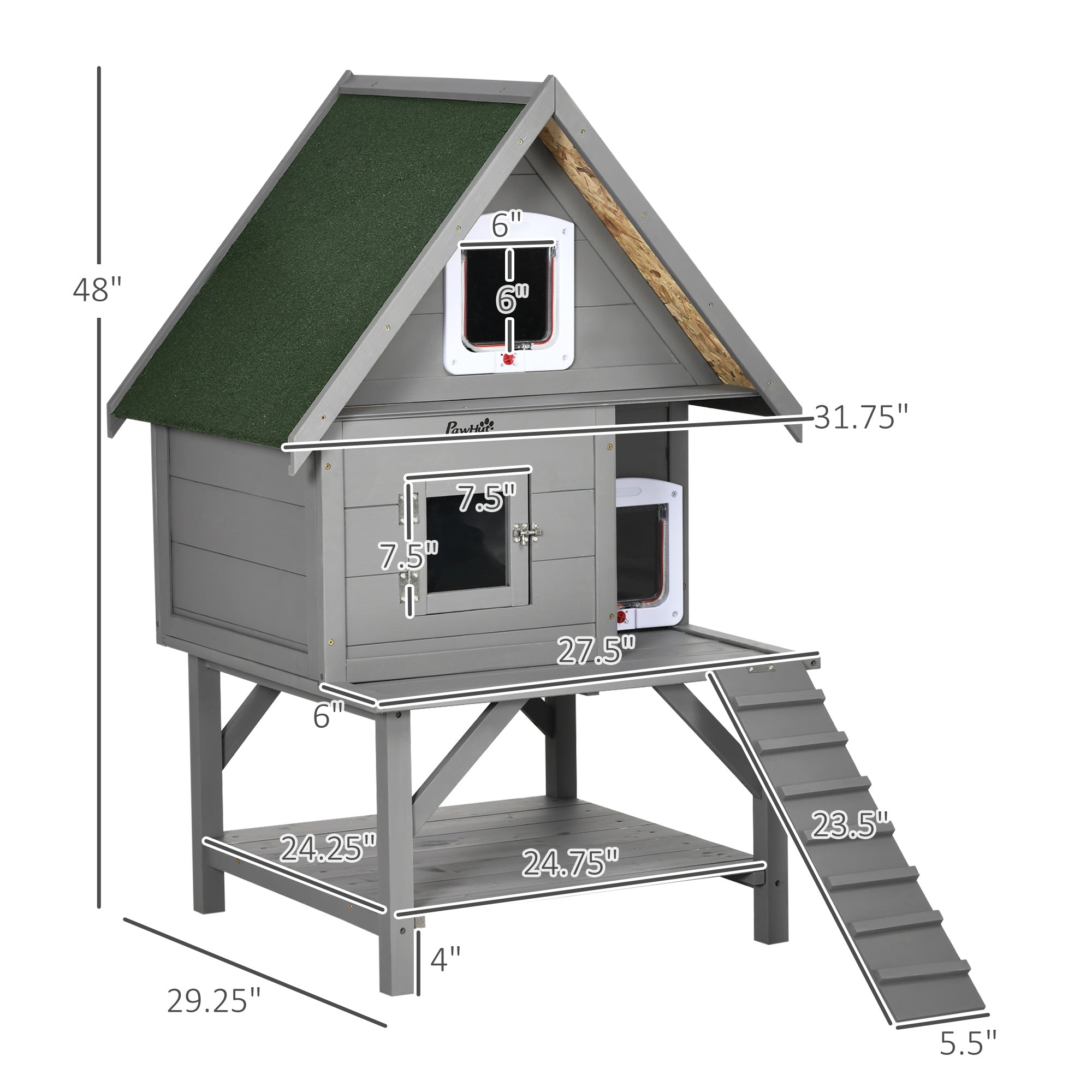 PawHut Wooden Cat House Outdoor with Escape Door, Weatherproof 3-Floor Cat Shelter for 1-2 Feral Cats with Asphalt Roof, Balcony, Stair, Gray