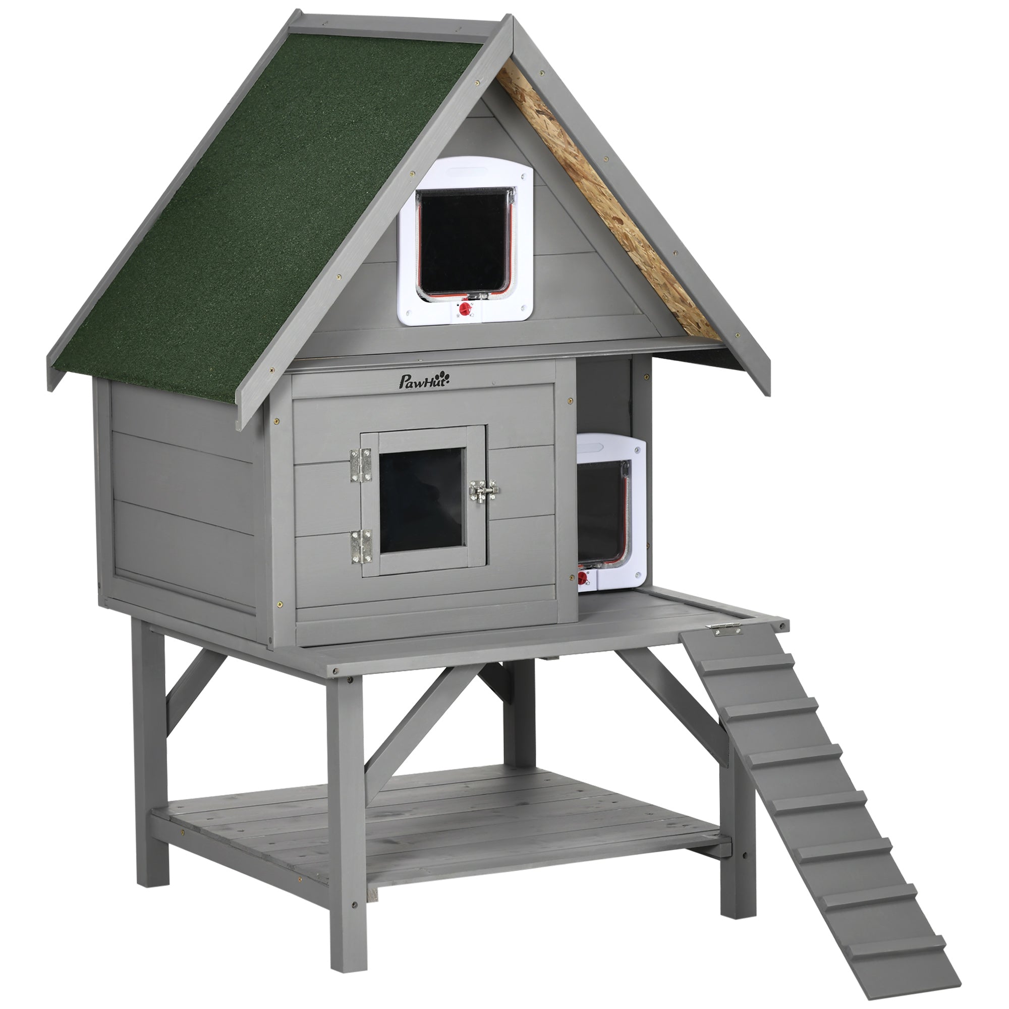 PawHut Wooden Cat House Outdoor with Escape Door, Weatherproof 3-Floor Cat Shelter for 1-2 Feral Cats with Asphalt Roof, Balcony, Stair, Gray