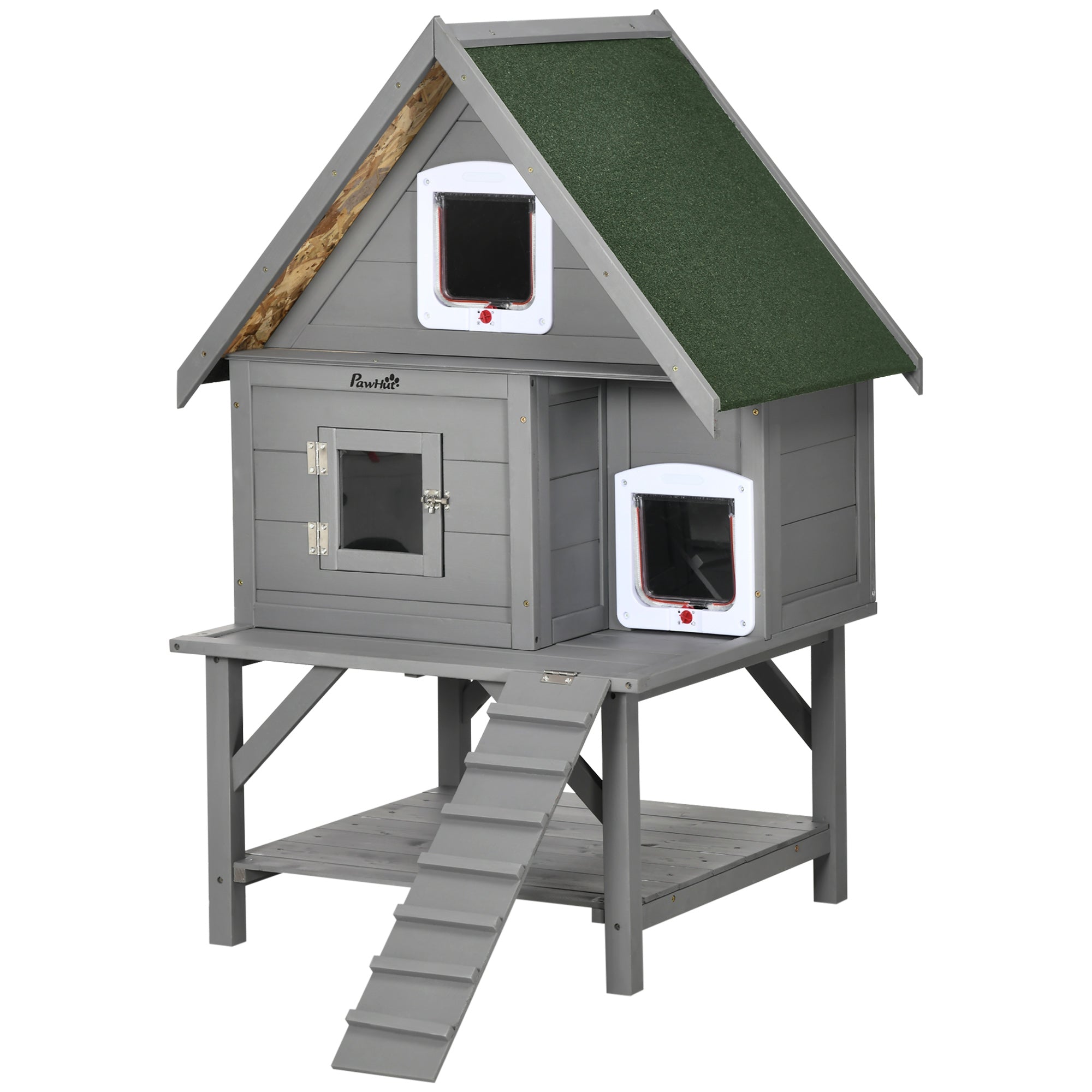 PawHut Wooden Cat House Outdoor with Escape Door, Weatherproof 3-Floor Cat Shelter for 1-2 Feral Cats with Asphalt Roof, Balcony, Stair, Gray