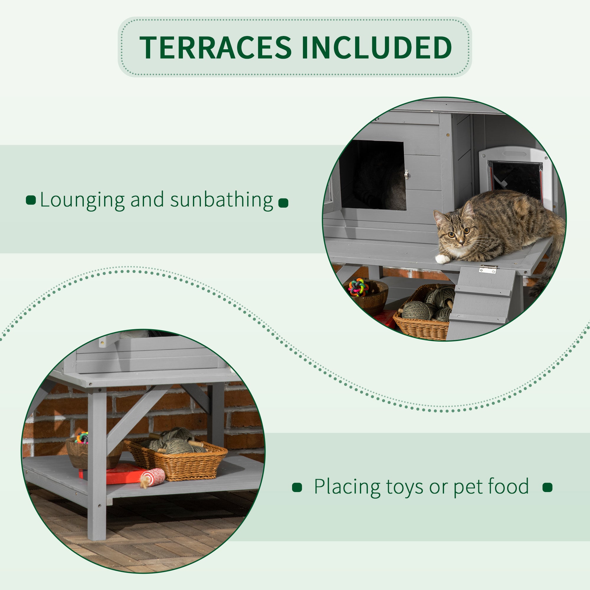 PawHut Wooden Cat House Outdoor with Escape Door, Weatherproof 3-Floor Cat Shelter for 1-2 Feral Cats with Asphalt Roof, Balcony, Stair, Gray