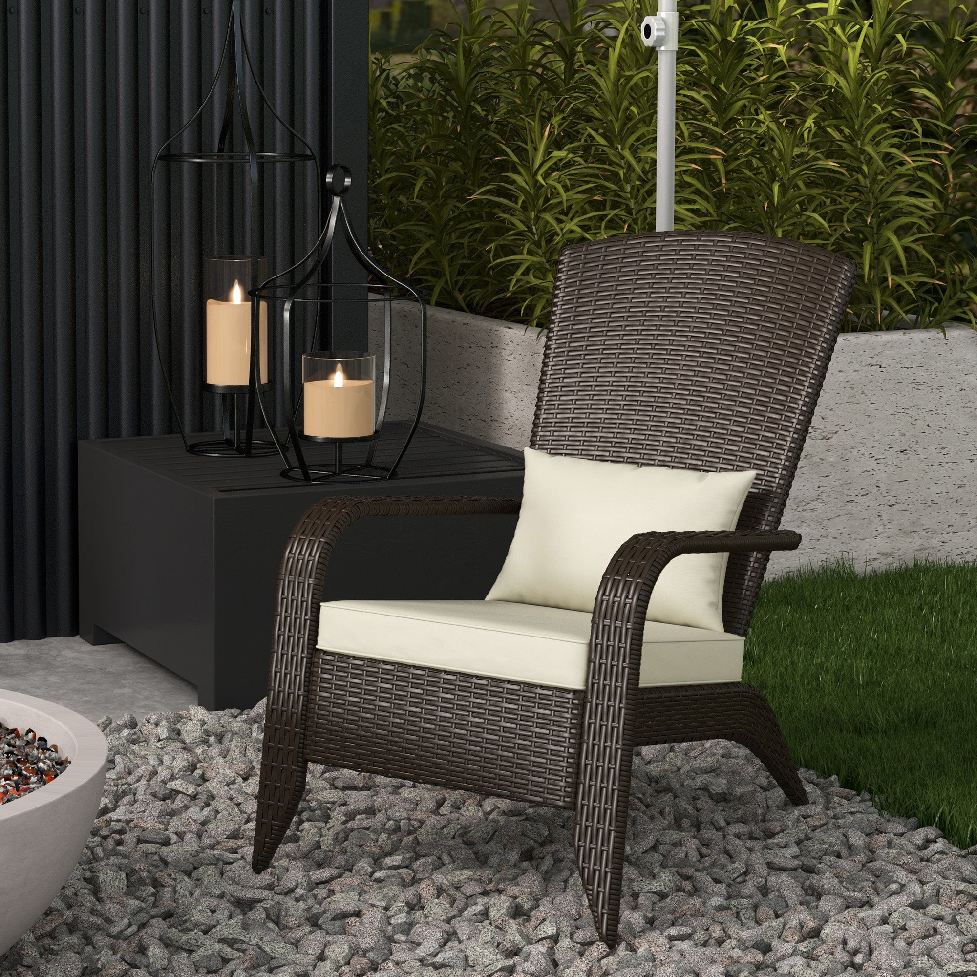 Outsunny Patio Wicker Adirondack Chair, PE Rattan Outdoor Muskoka Chair, Fire Pit Chair with Cushions for Patio, Garden, Backyard, Poolside, Balcony, Deck, Khaki