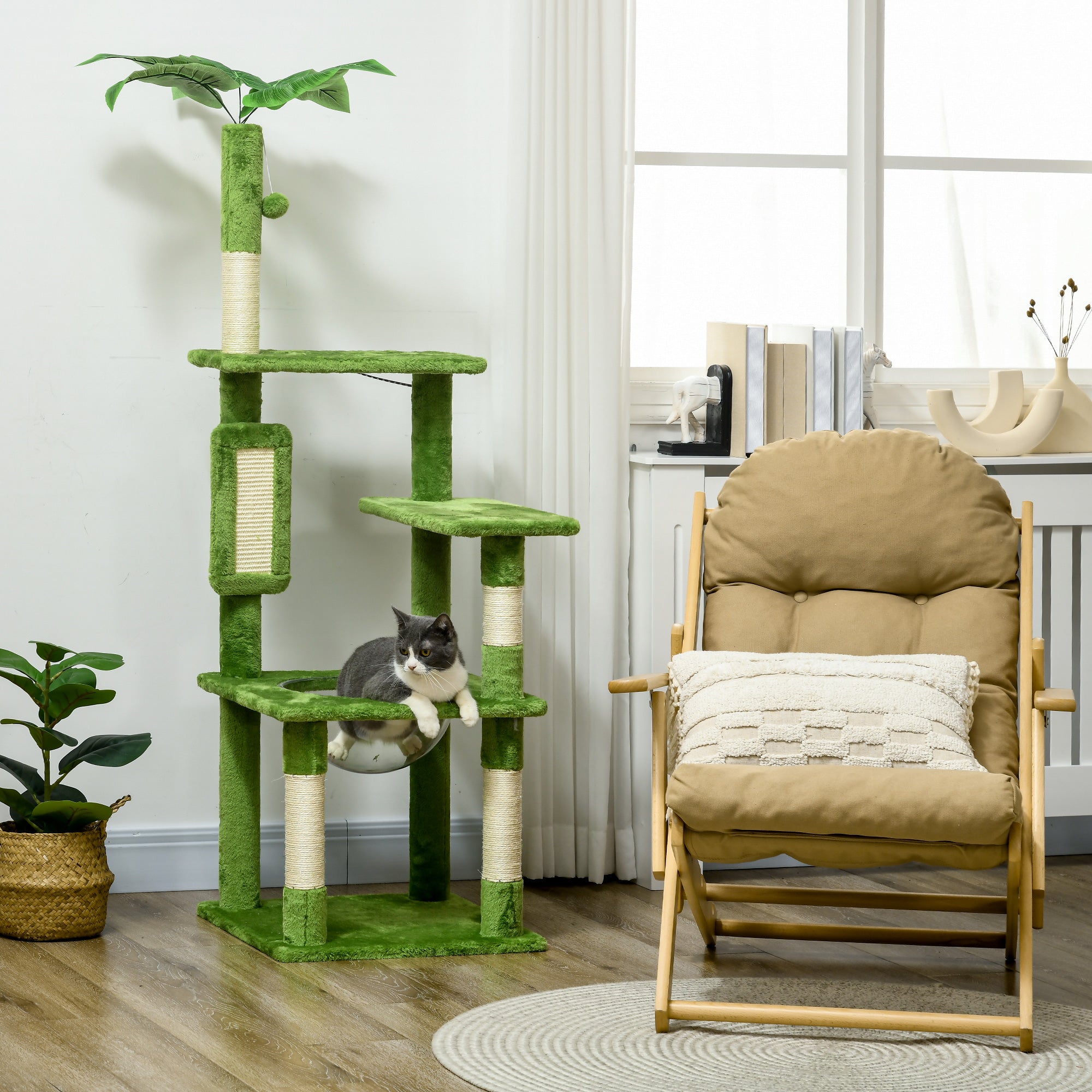 PawHut 142cm Cat Tree for Indoor Cats, Cat Tower with Scratching Posts, Scratch Board, Hammock, Toy Balls, Multi-level Platforms, Green