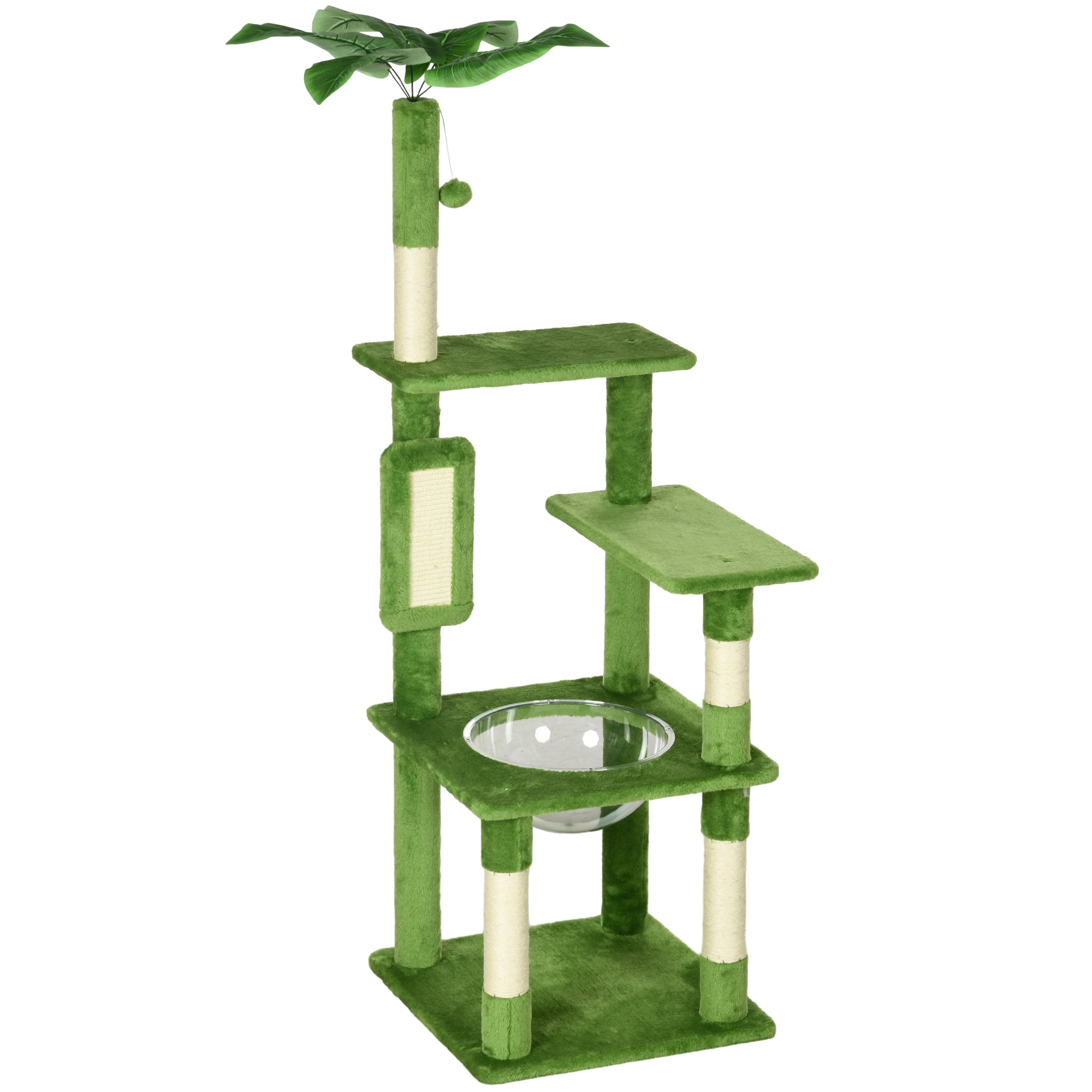 PawHut 142cm Cat Tree for Indoor Cats, Cat Tower with Scratching Posts, Scratch Board, Hammock, Toy Balls, Multi-level Platforms, Green