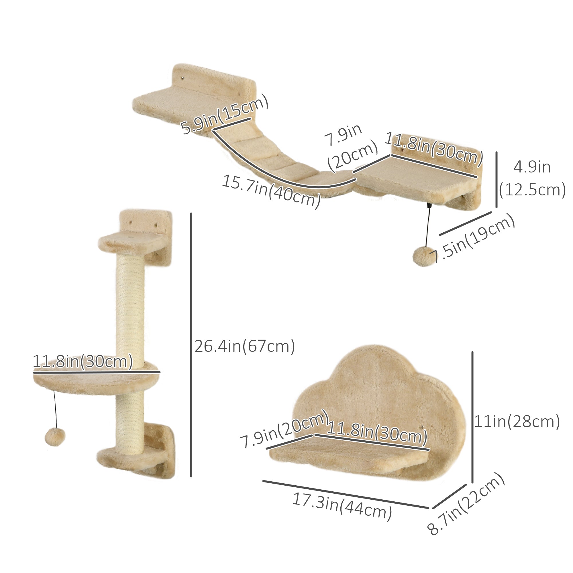 PawHut 3Pcs Cat Wall Shelf with Scratching Post, Cat Wall Shelves for Relaxing, Climbing, Cat Wall With Soft Ladder and Play Balls, Beige