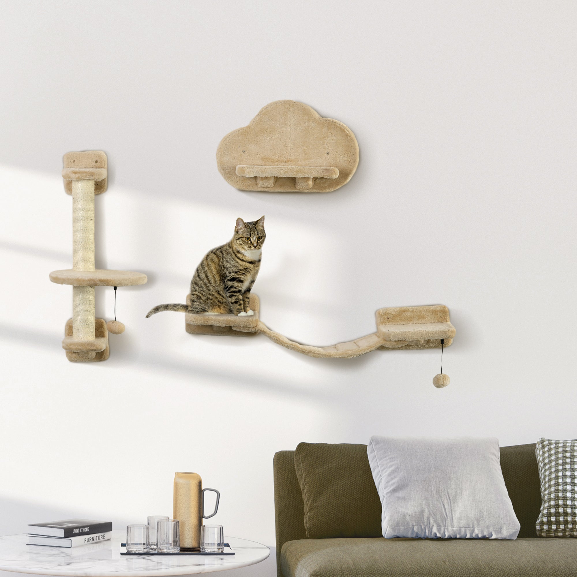 PawHut 3Pcs Cat Wall Shelf with Scratching Post, Cat Wall Shelves for Relaxing, Climbing, Cat Wall With Soft Ladder and Play Balls, Beige