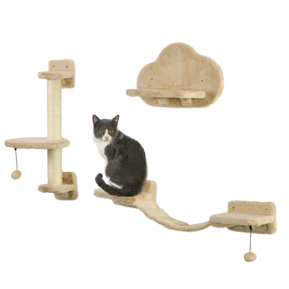 PawHut 3Pcs Cat Wall Shelf with Scratching Post, Cat Wall Shelves for Relaxing, Climbing, Cat Wall With Soft Ladder and Play Balls, Beige