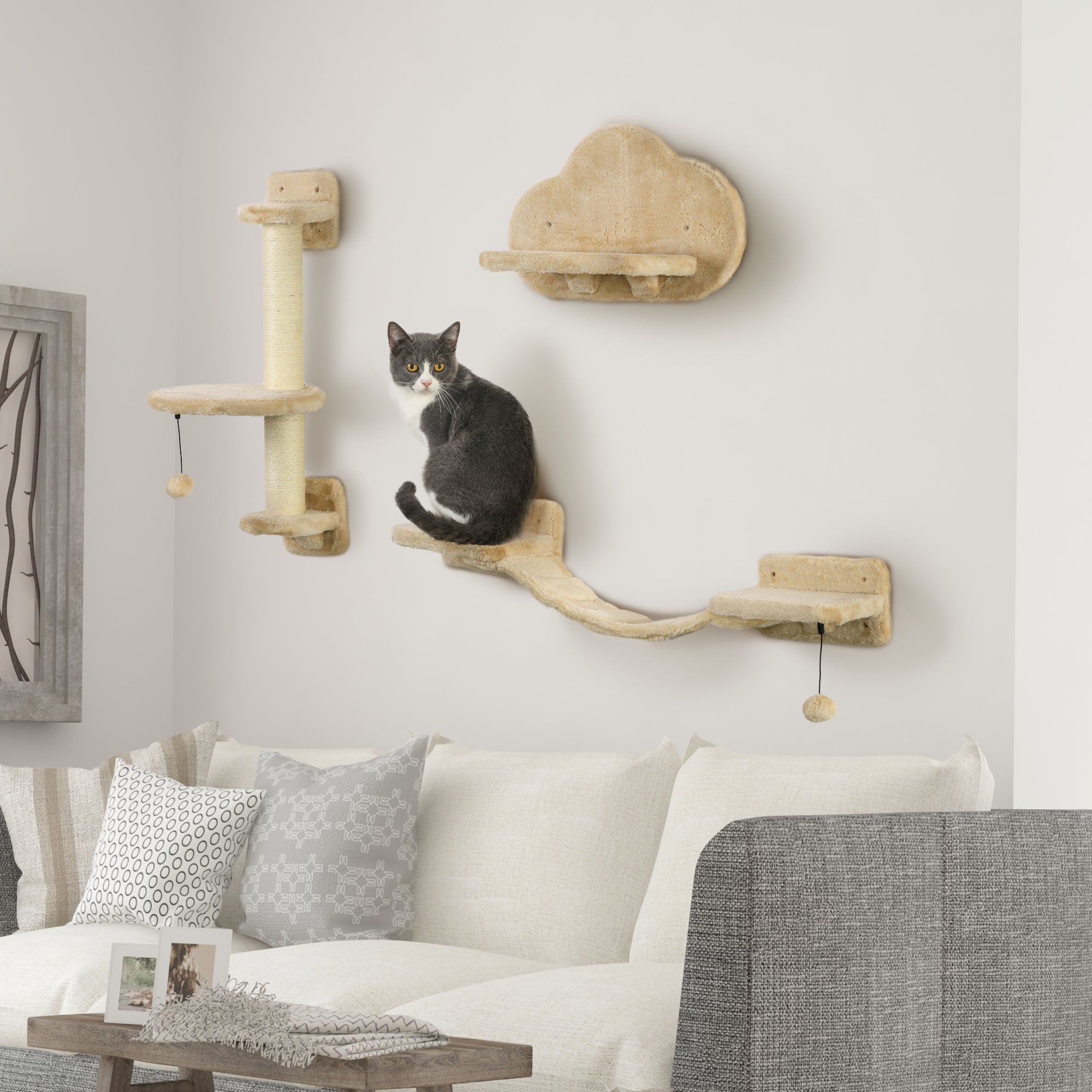 PawHut 3Pcs Cat Wall Shelf with Scratching Post, Cat Wall Shelves for Relaxing, Climbing, Cat Wall With Soft Ladder and Play Balls, Beige