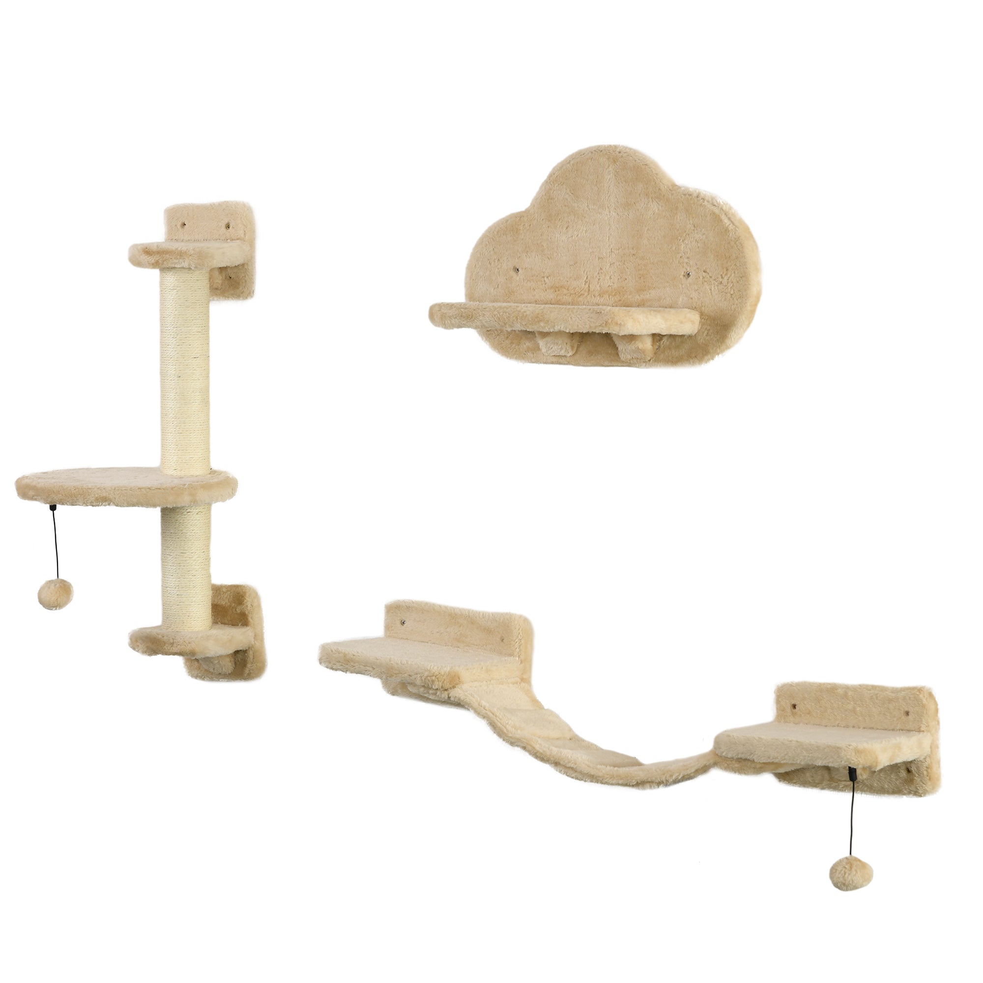 PawHut 3Pcs Cat Wall Shelf with Scratching Post, Cat Wall Shelves for Relaxing, Climbing, Cat Wall With Soft Ladder and Play Balls, Beige