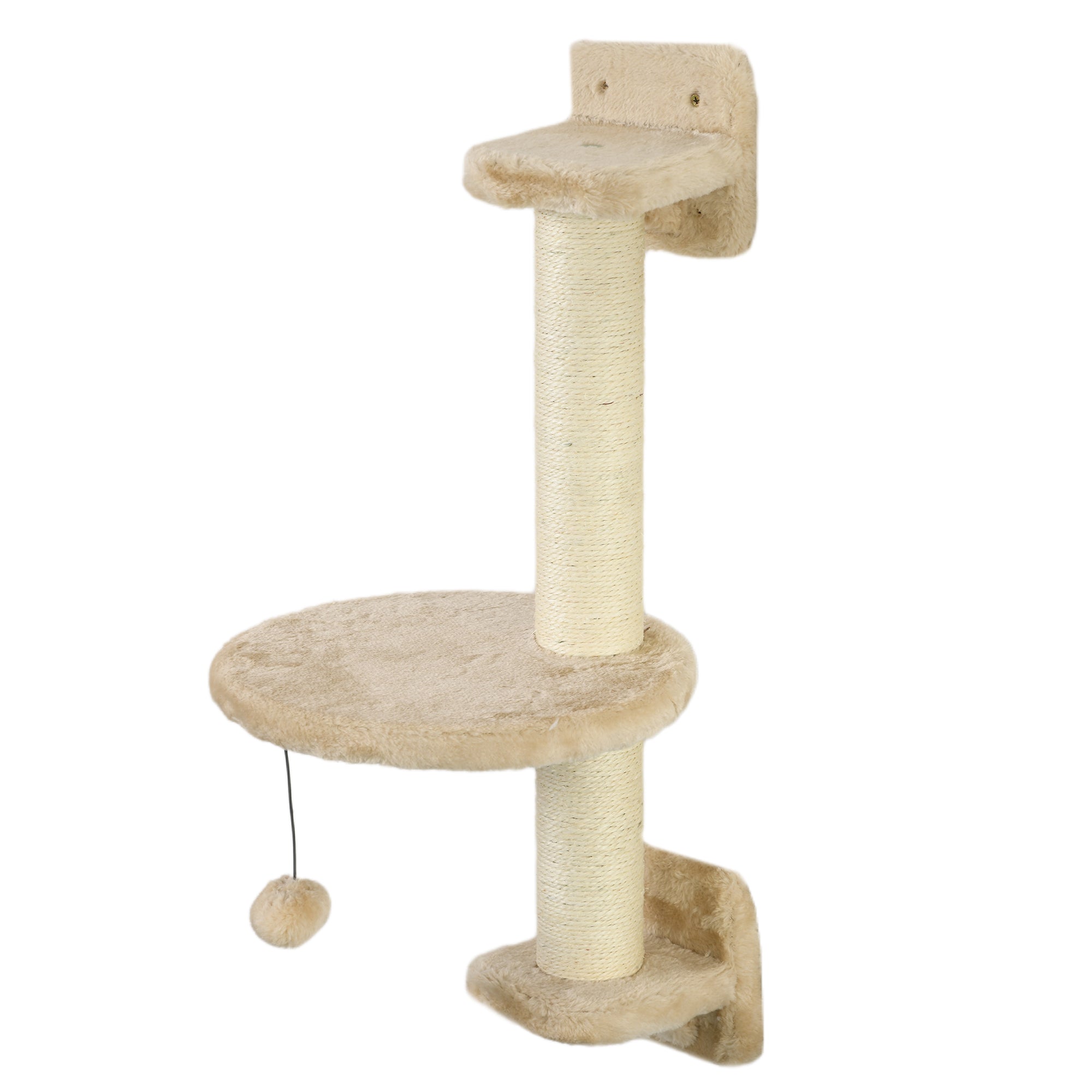 PawHut 3Pcs Cat Wall Shelf with Scratching Post, Cat Wall Shelves for Relaxing, Climbing, Cat Wall With Soft Ladder and Play Balls, Beige