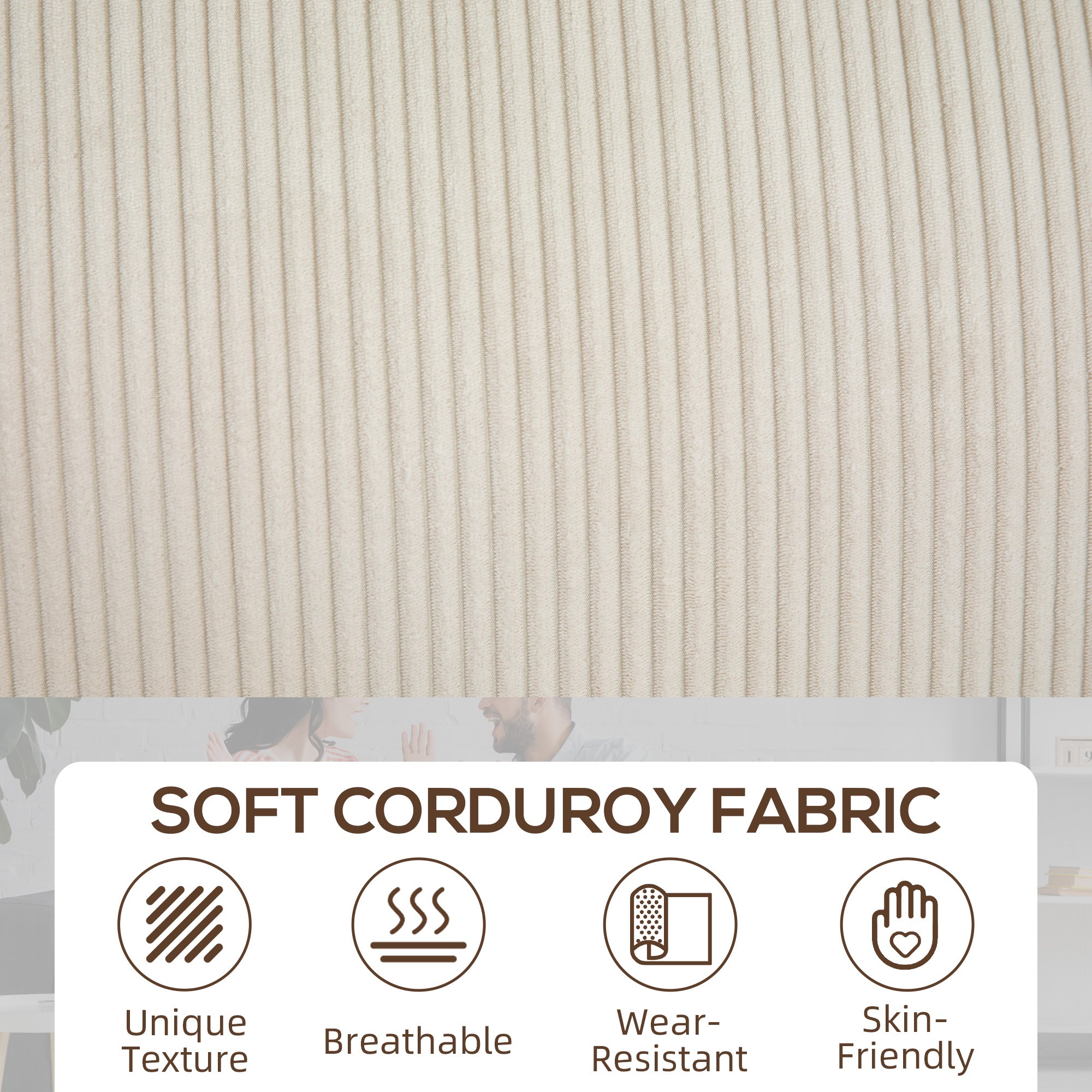 HOMCOM Modern 3 Seater Sofa with Spring Cushion, 90" Upholstered Corduroy Couch with Cup Holders for Living Room, Bedroom, Home Office, Cream White