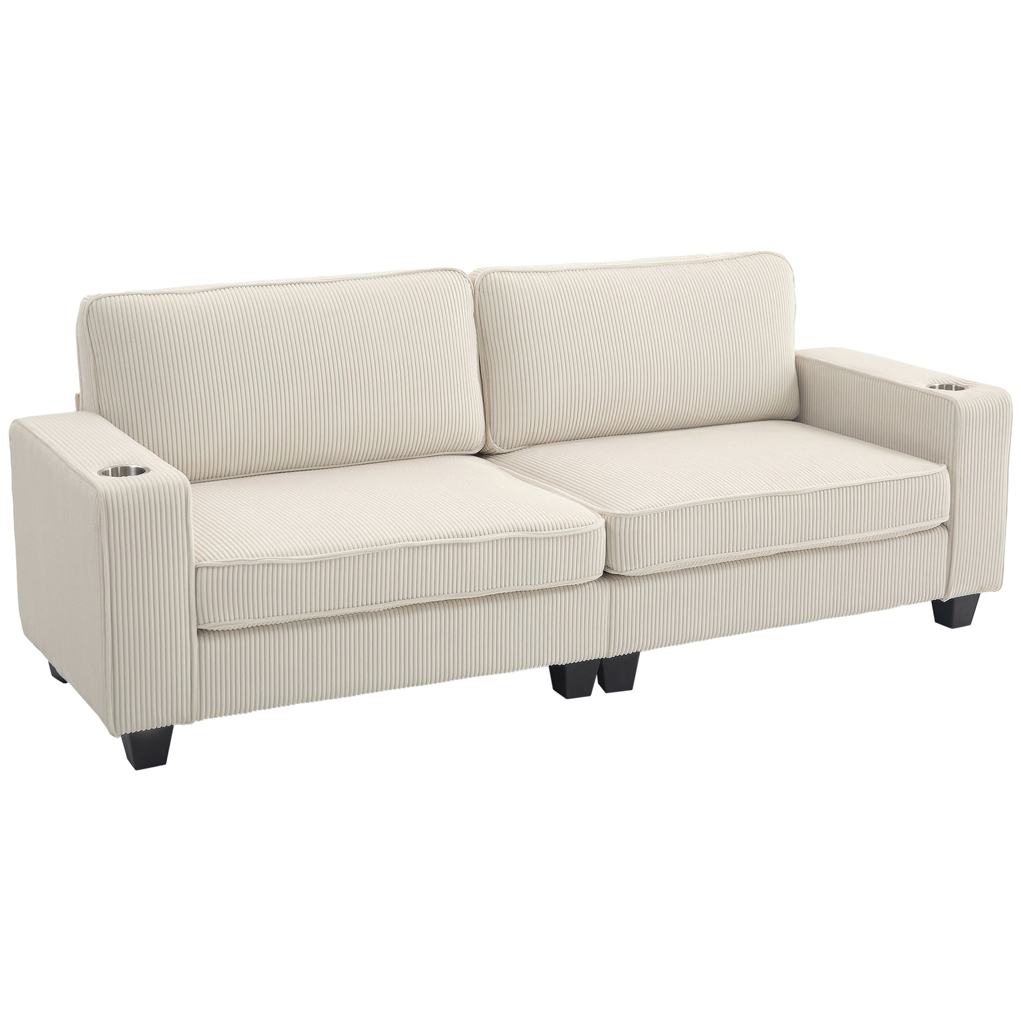 HOMCOM Modern 3 Seater Sofa with Spring Cushion, 90" Upholstered Corduroy Couch with Cup Holders for Living Room, Bedroom, Home Office, Cream White