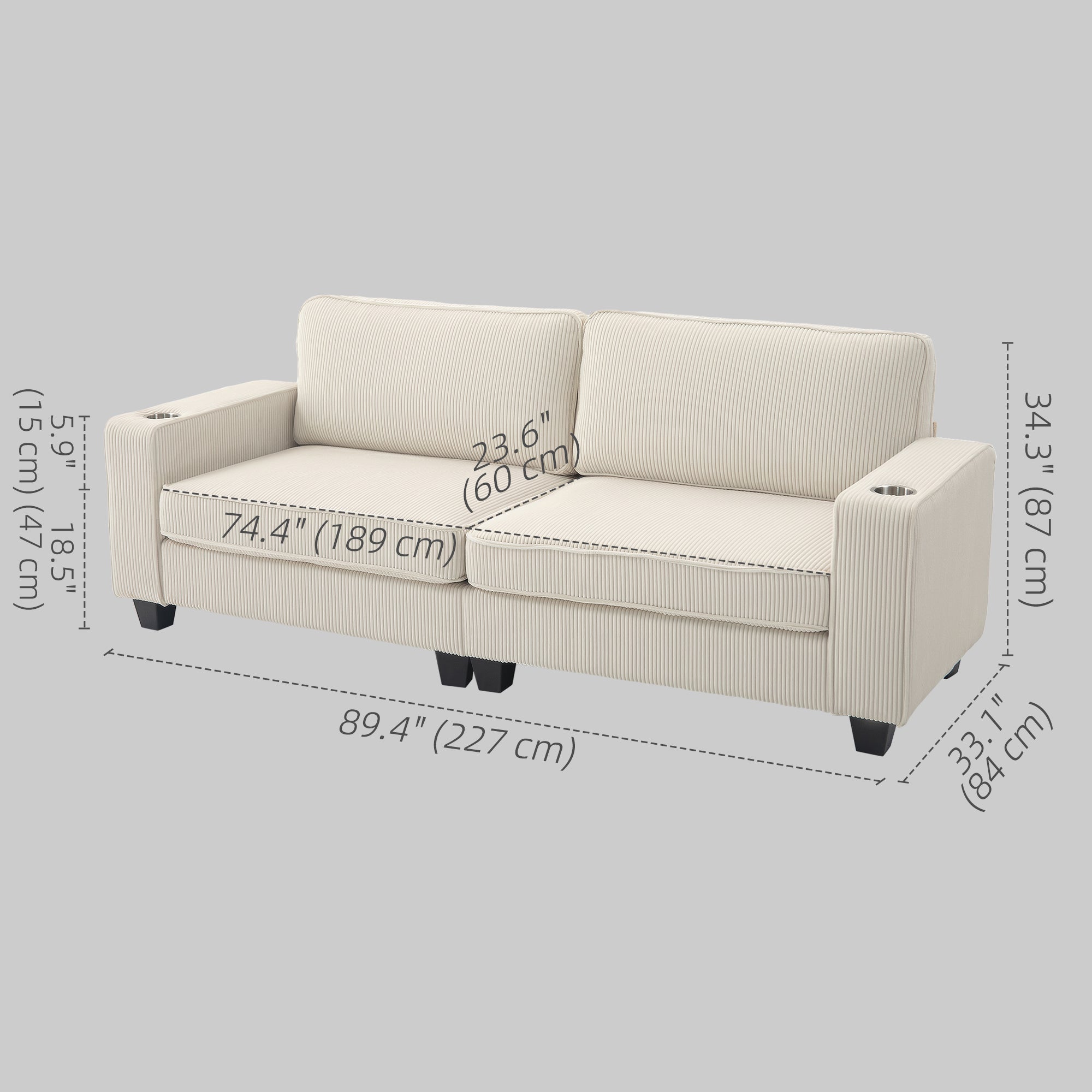 HOMCOM Modern 3 Seater Sofa with Spring Cushion, 90" Upholstered Corduroy Couch with Cup Holders for Living Room, Bedroom, Home Office, Cream White
