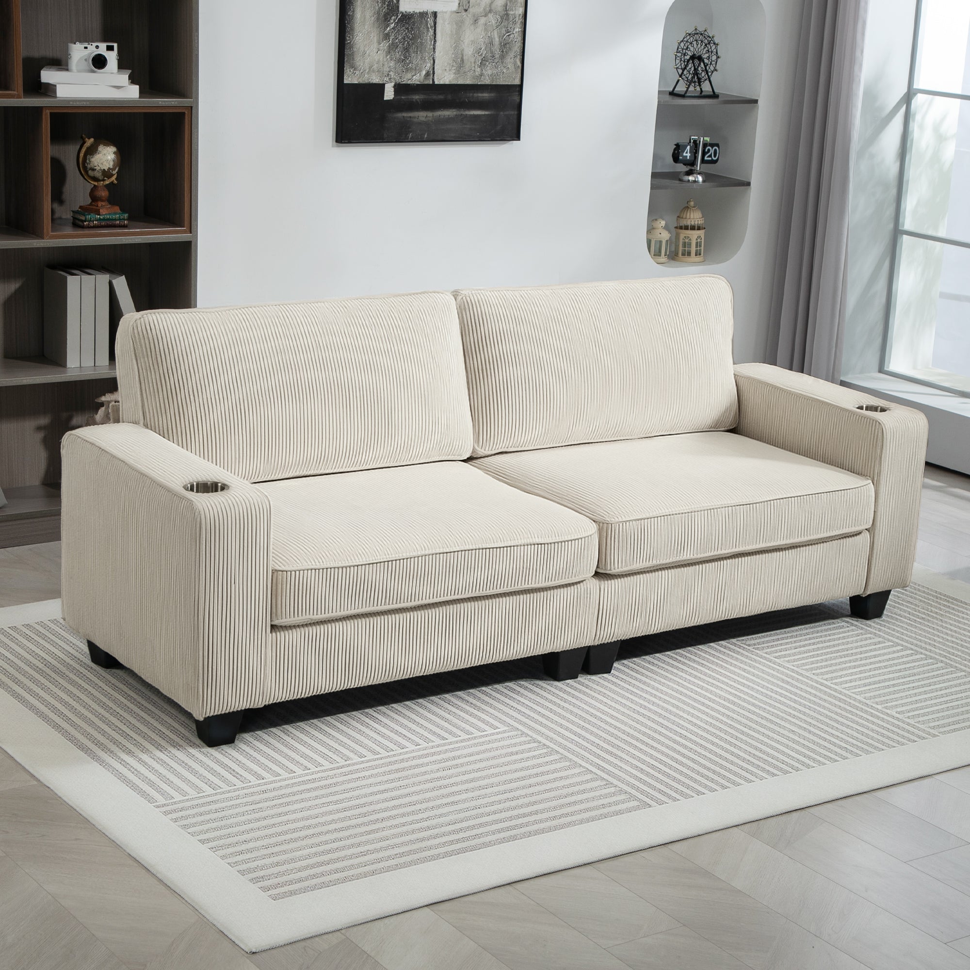 HOMCOM Modern 3 Seater Sofa with Spring Cushion, 90" Upholstered Corduroy Couch with Cup Holders for Living Room, Bedroom, Home Office, Cream White
