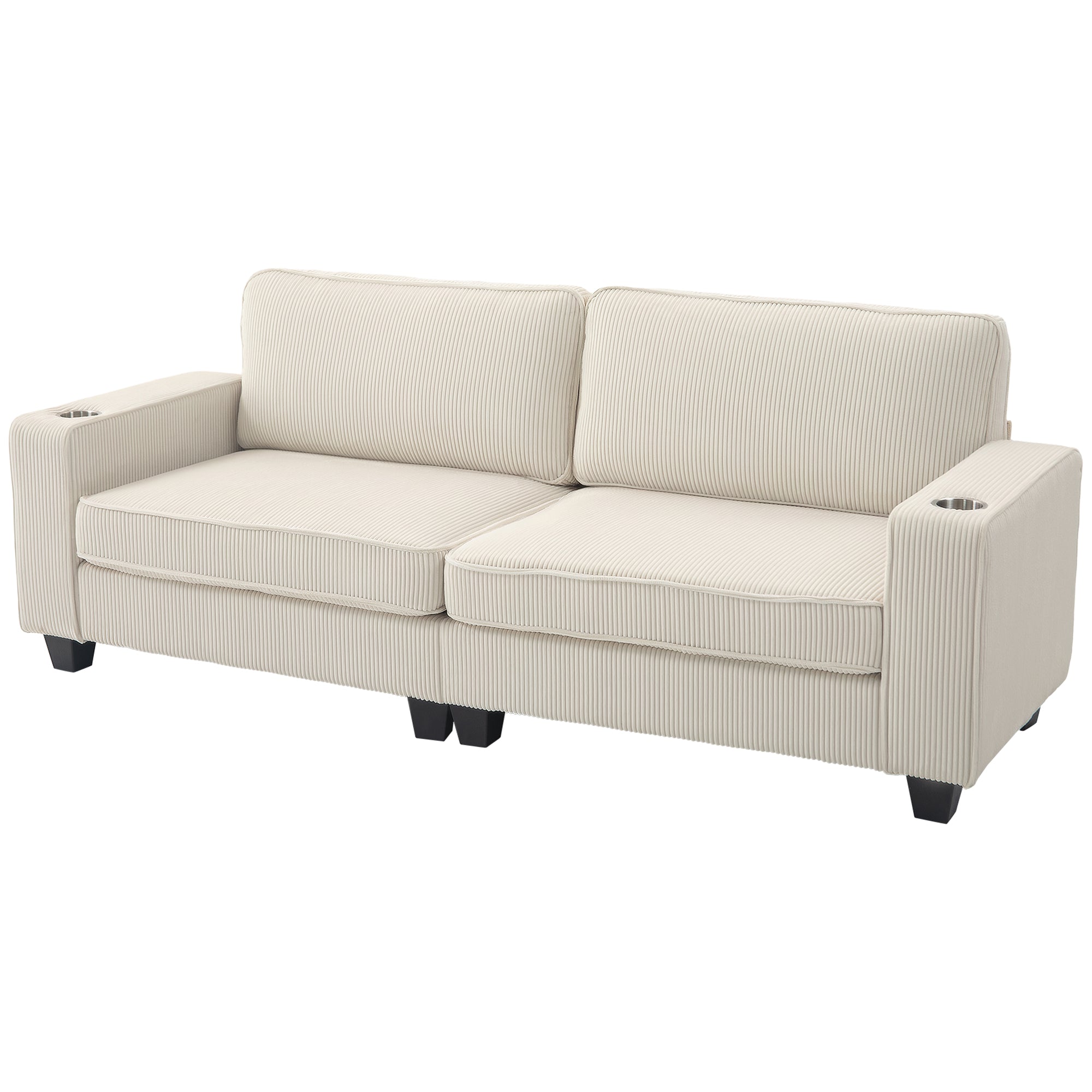 HOMCOM Modern 3 Seater Sofa with Spring Cushion, 90" Upholstered Corduroy Couch with Cup Holders for Living Room, Bedroom, Home Office, Cream White