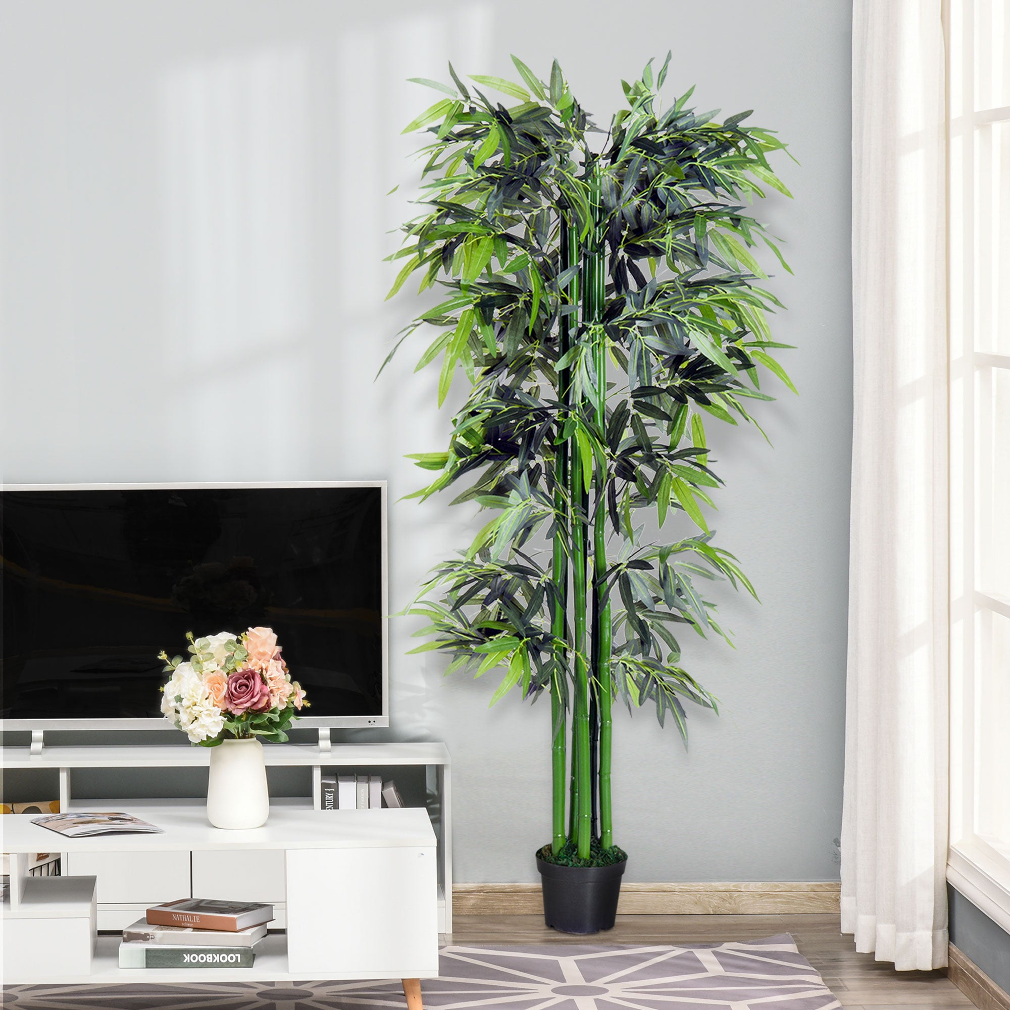 Outsunny 6FT Artificial Bamboo Tree, Faux Greenery Plant, Decorative Tree in Nursery Pot for Indoor Outdoor Décor