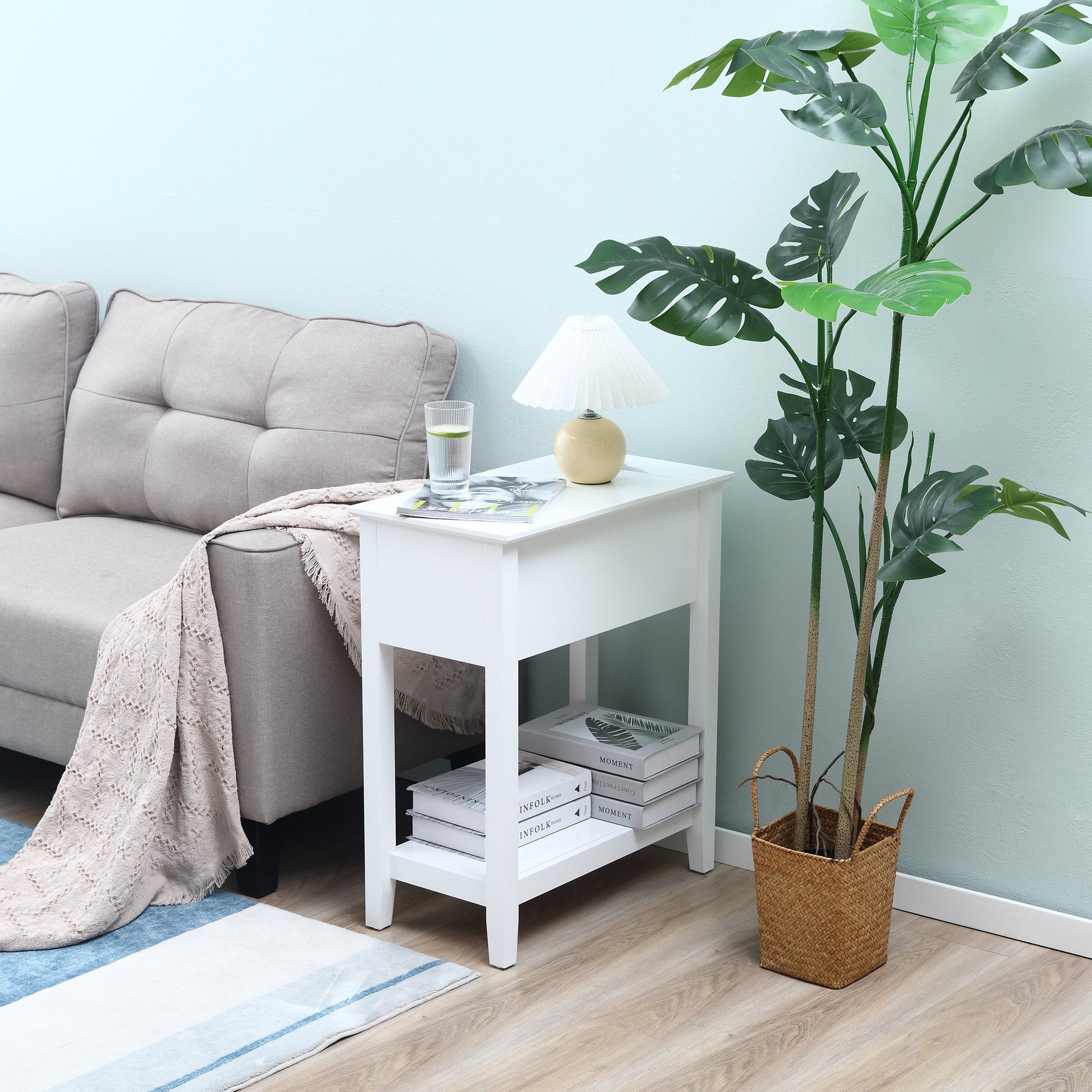 HOMCOM Flip Top End Table, Side Table with Storage Shelf and Cable Management, Narrow Nightstand for Small Spaces in Living Room, Bedroom, 23.8" x 12.8" x 27.6", White