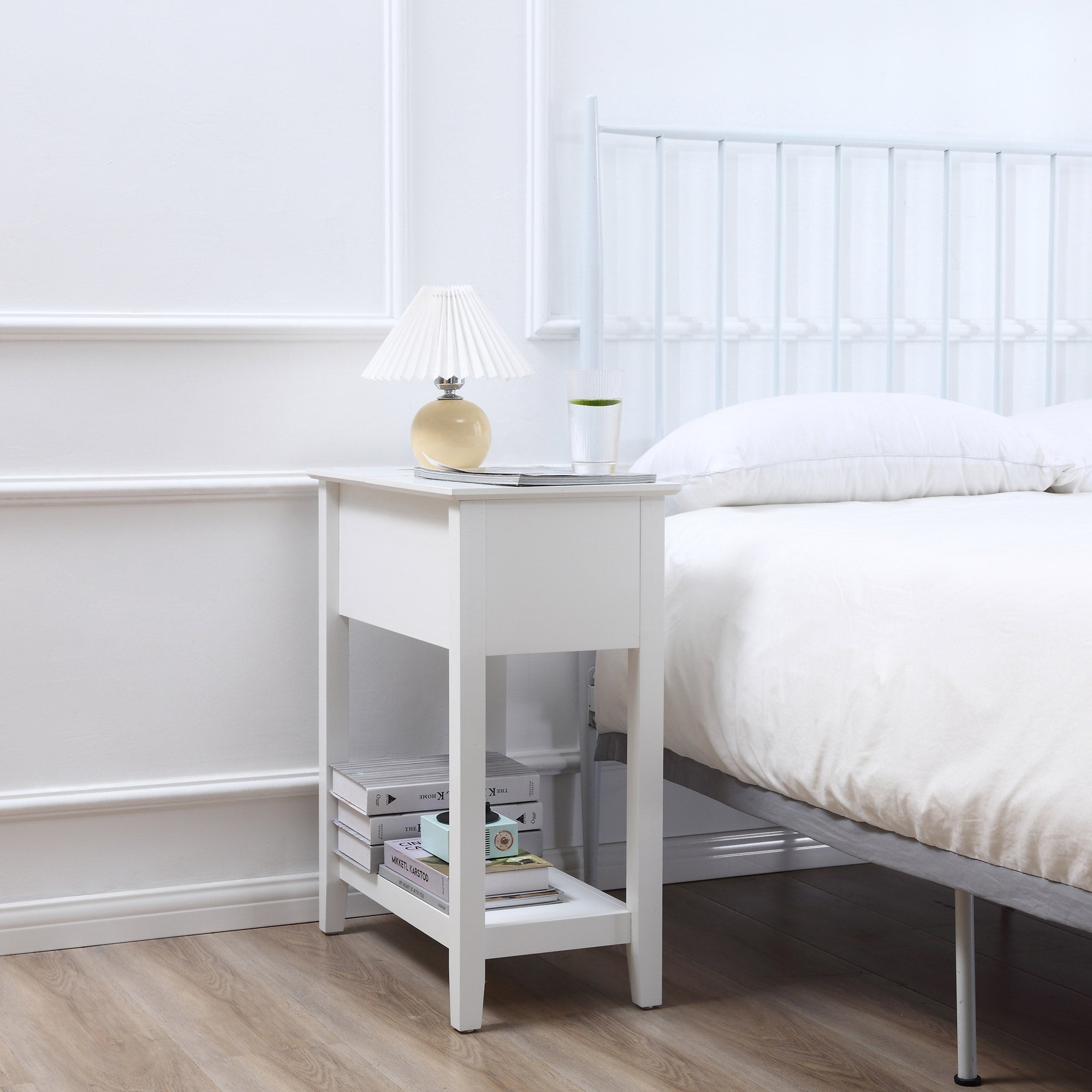 HOMCOM Flip Top End Table, Side Table with Storage Shelf and Cable Management, Narrow Nightstand for Small Spaces in Living Room, Bedroom, 23.8" x 12.8" x 27.6", White