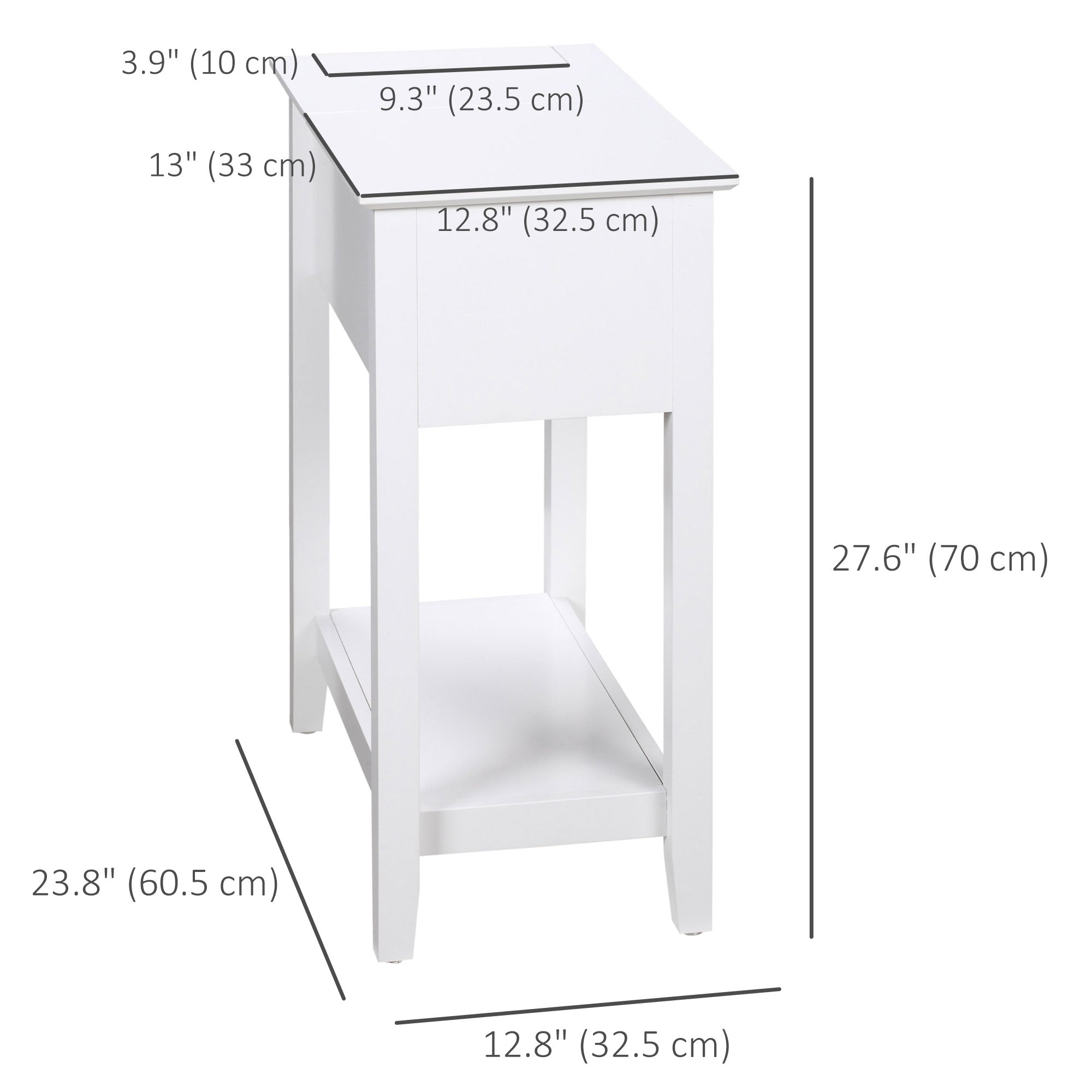 HOMCOM Flip Top End Table, Side Table with Storage Shelf and Cable Management, Narrow Nightstand for Small Spaces in Living Room, Bedroom, 23.8" x 12.8" x 27.6", White