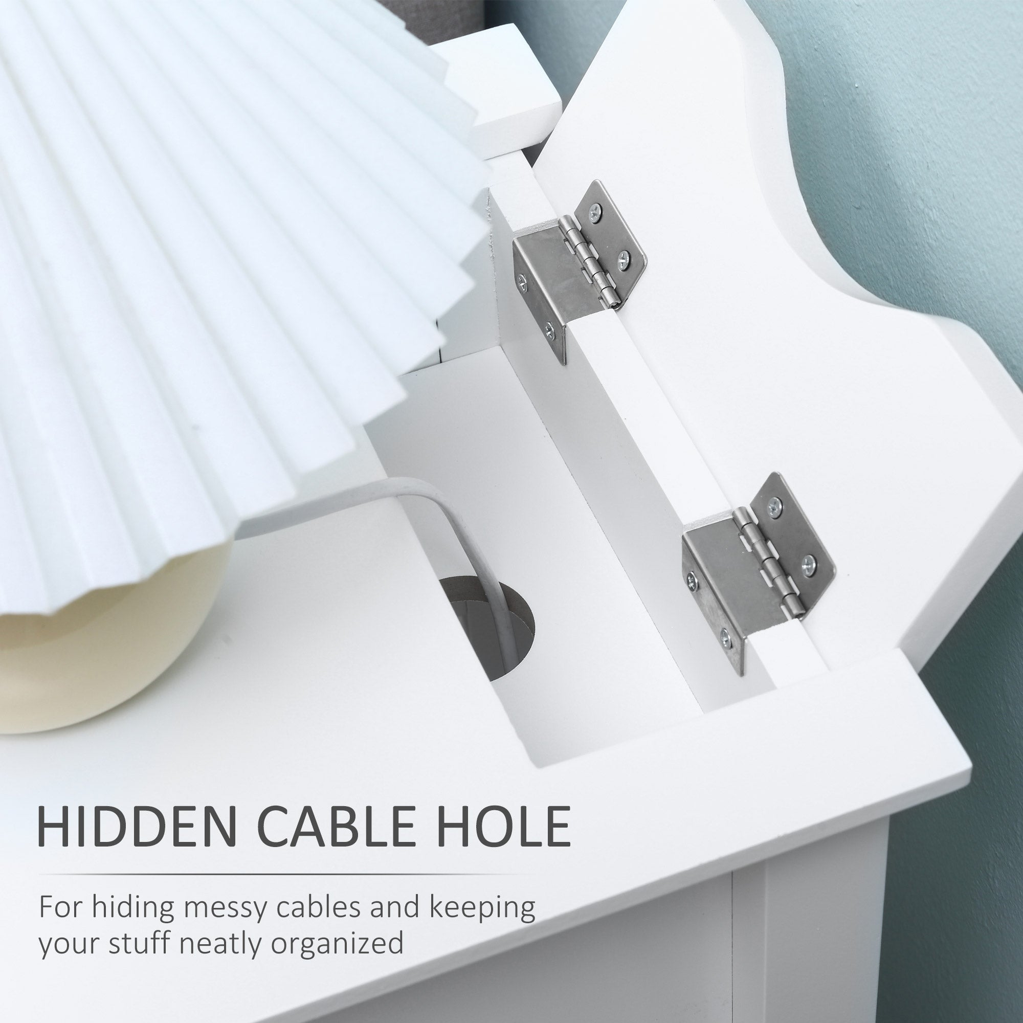 HOMCOM Flip Top End Table, Side Table with Storage Shelf and Cable Management, Narrow Nightstand for Small Spaces in Living Room, Bedroom, 23.8" x 12.8" x 27.6", White