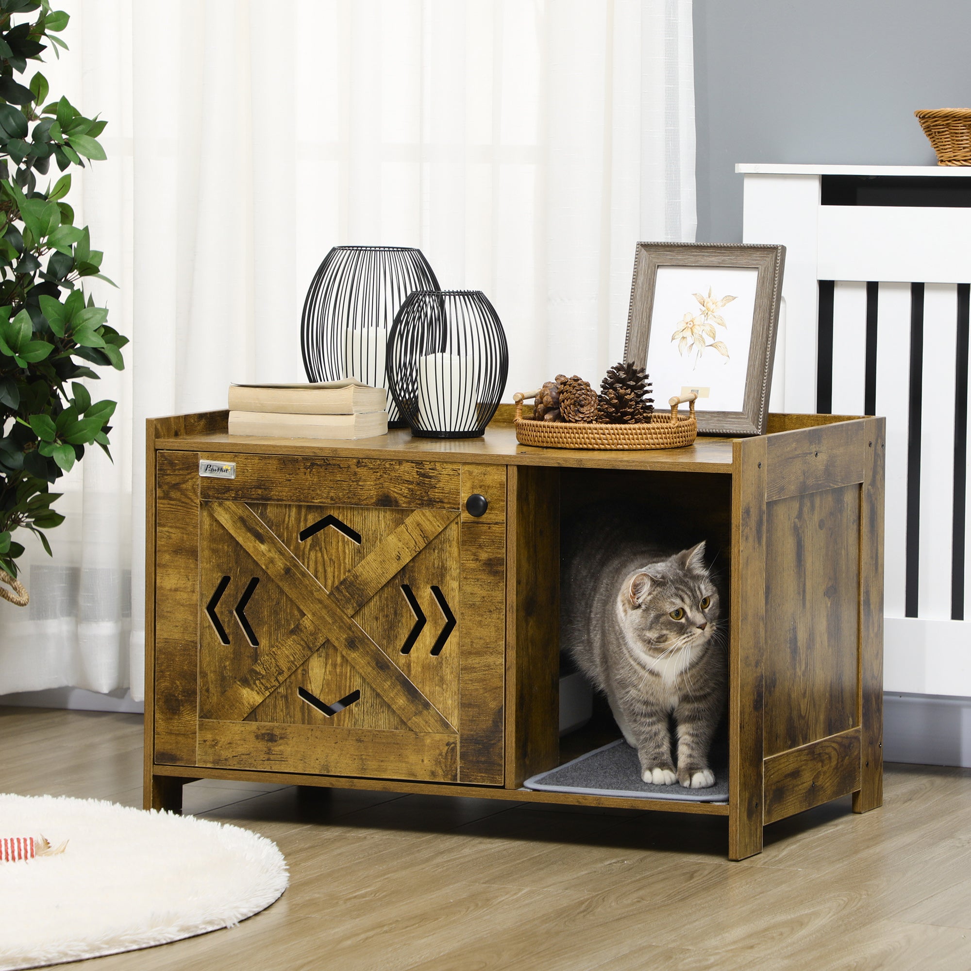 PawHut Cat Litter Box Furniture Hidden, Cat Washroom Storage Bench Odor Control Indoor Cat House Side Table with Scratching Pad, Easy Assembly