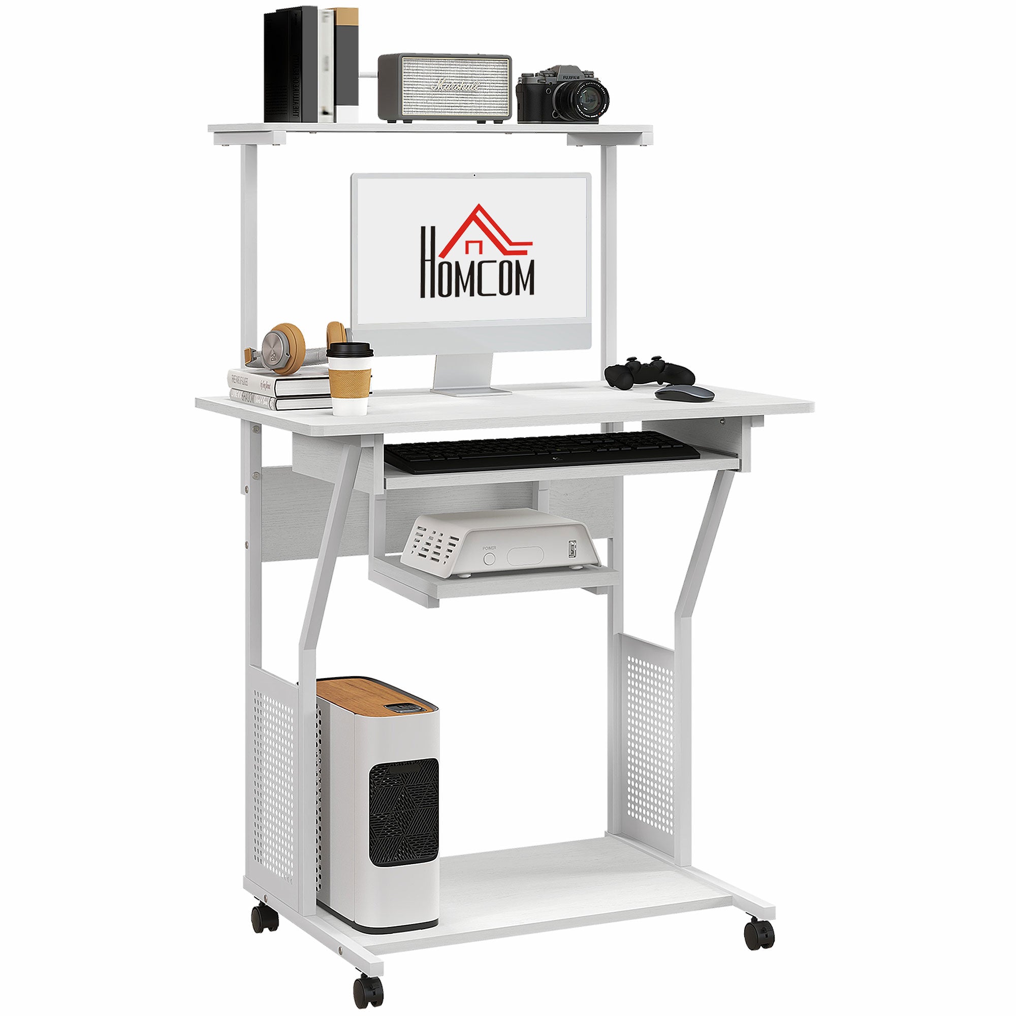 HOMCOM 32" Computer Desk, Mobile Home Office Desk with Keyboard Tray and Storage Shelves, Rolling Workstation on Wheels, White