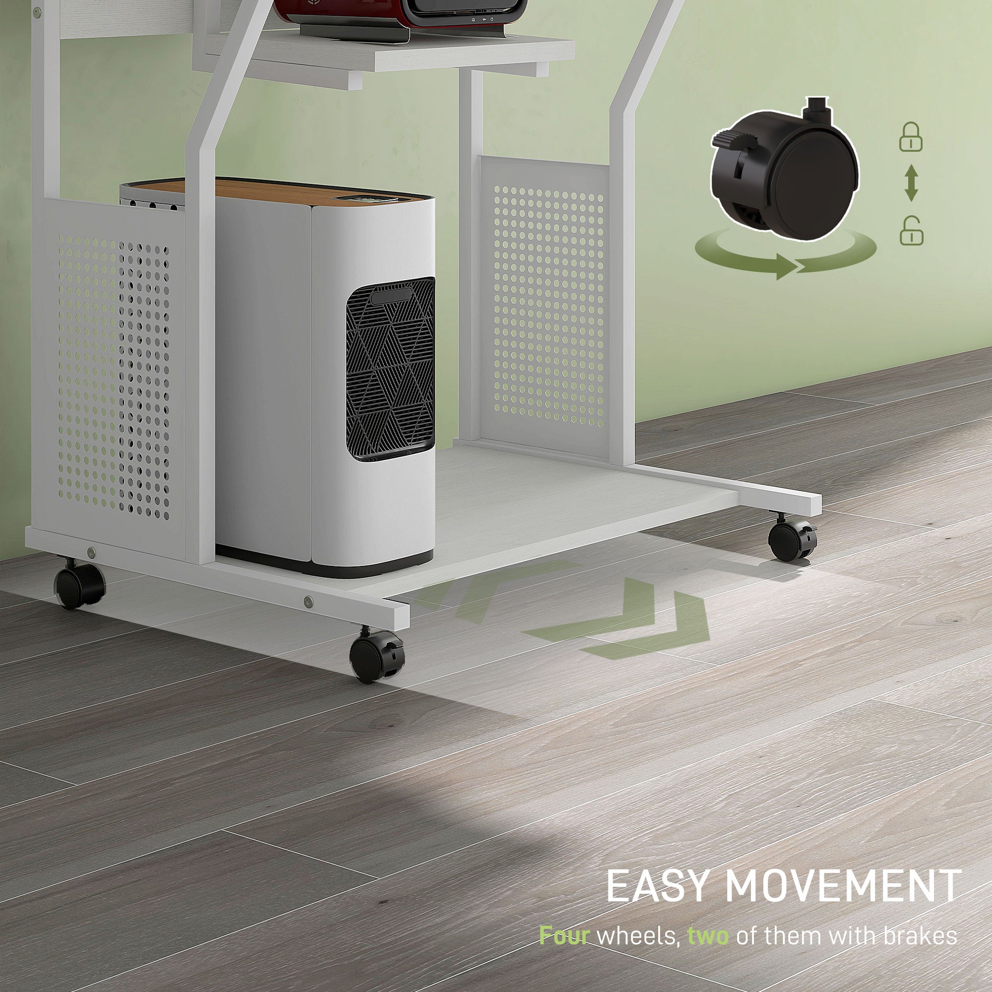 HOMCOM 32" Computer Desk, Mobile Home Office Desk with Keyboard Tray and Storage Shelves, Rolling Workstation on Wheels, White