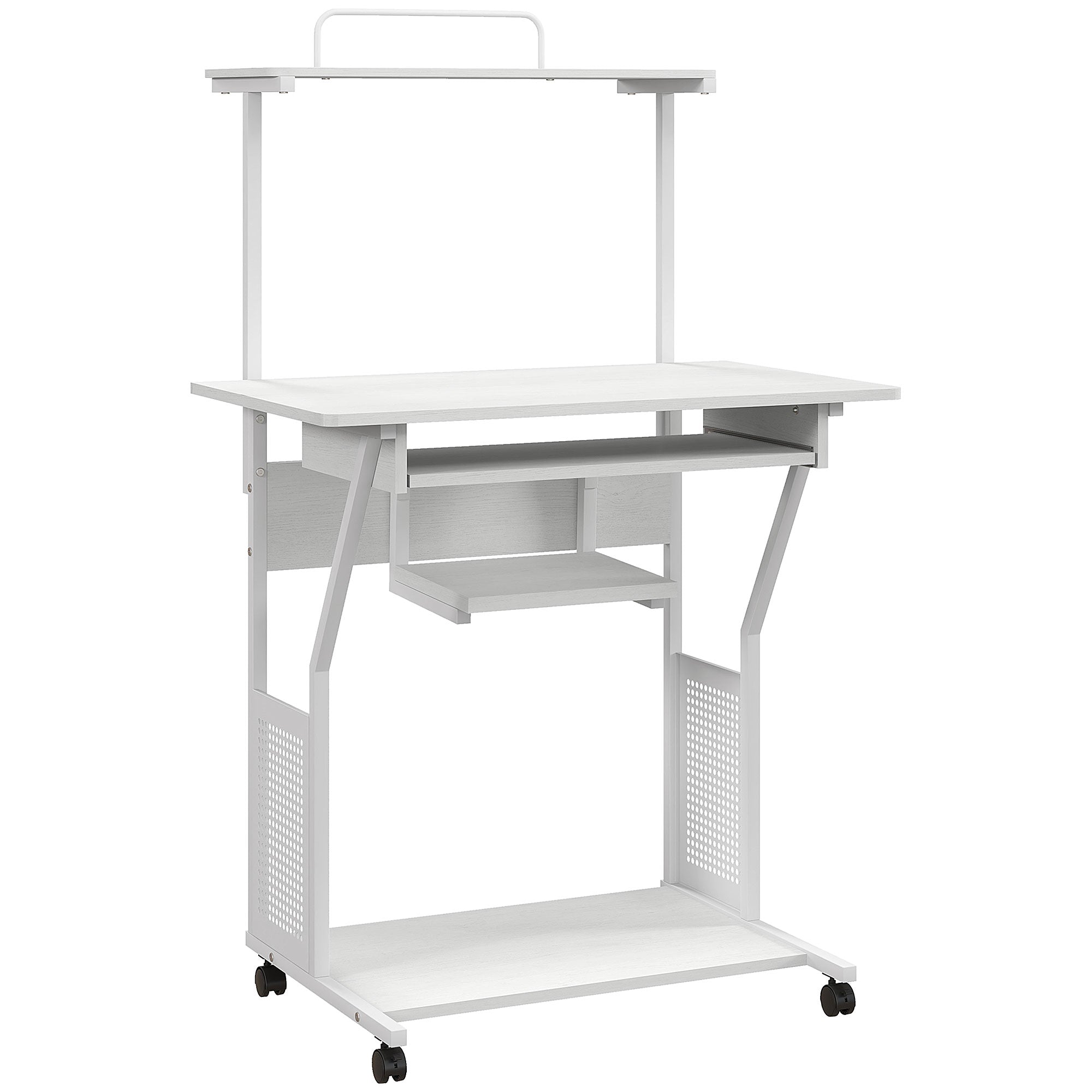HOMCOM 32" Computer Desk, Mobile Home Office Desk with Keyboard Tray and Storage Shelves, Rolling Workstation on Wheels, White