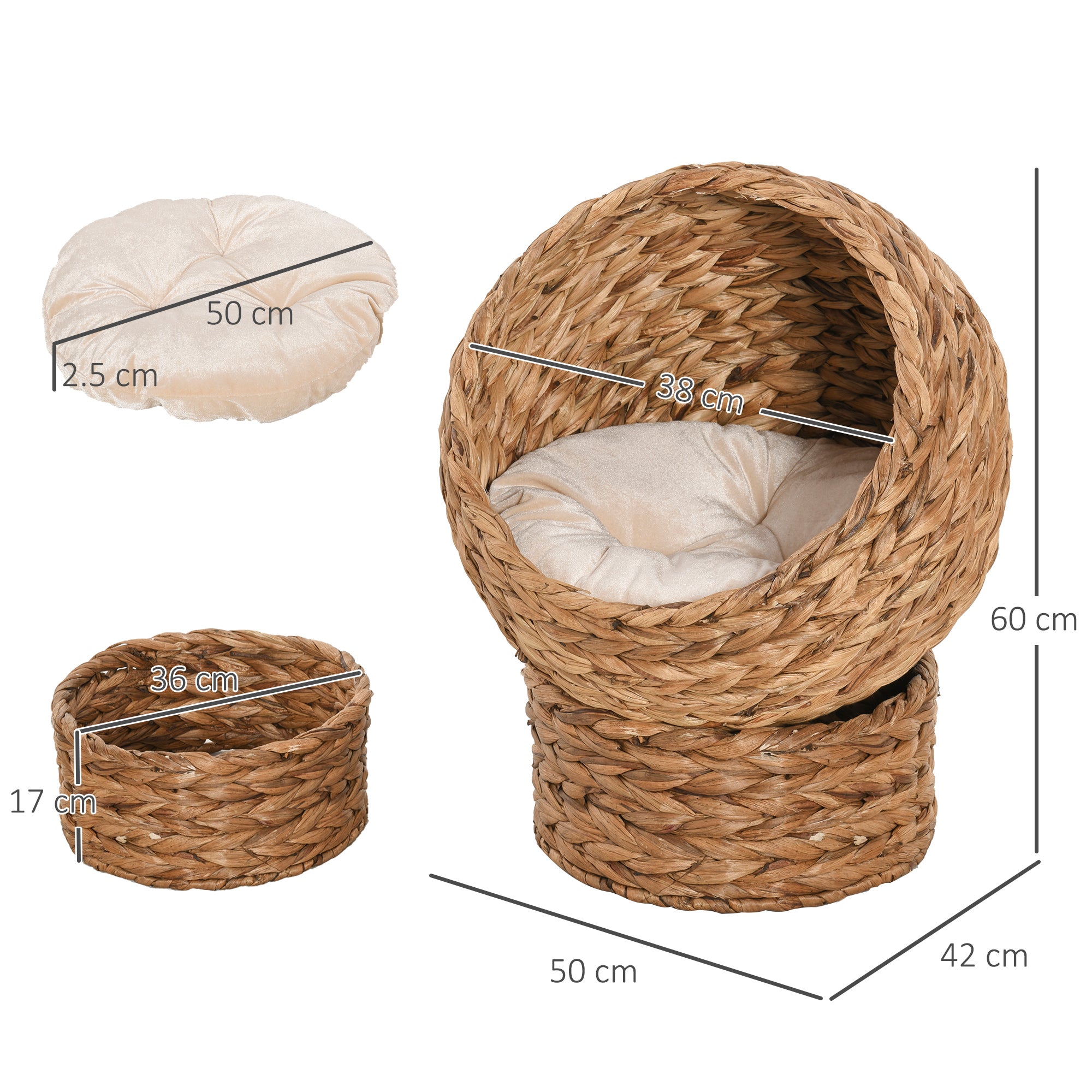 PawHut Woven Banana Leaf Elevated Cat Bed Wicker Kitten Basket Pet Den, House Cosy Cave with Soft Cushion Dome 50x42x60cm Brown