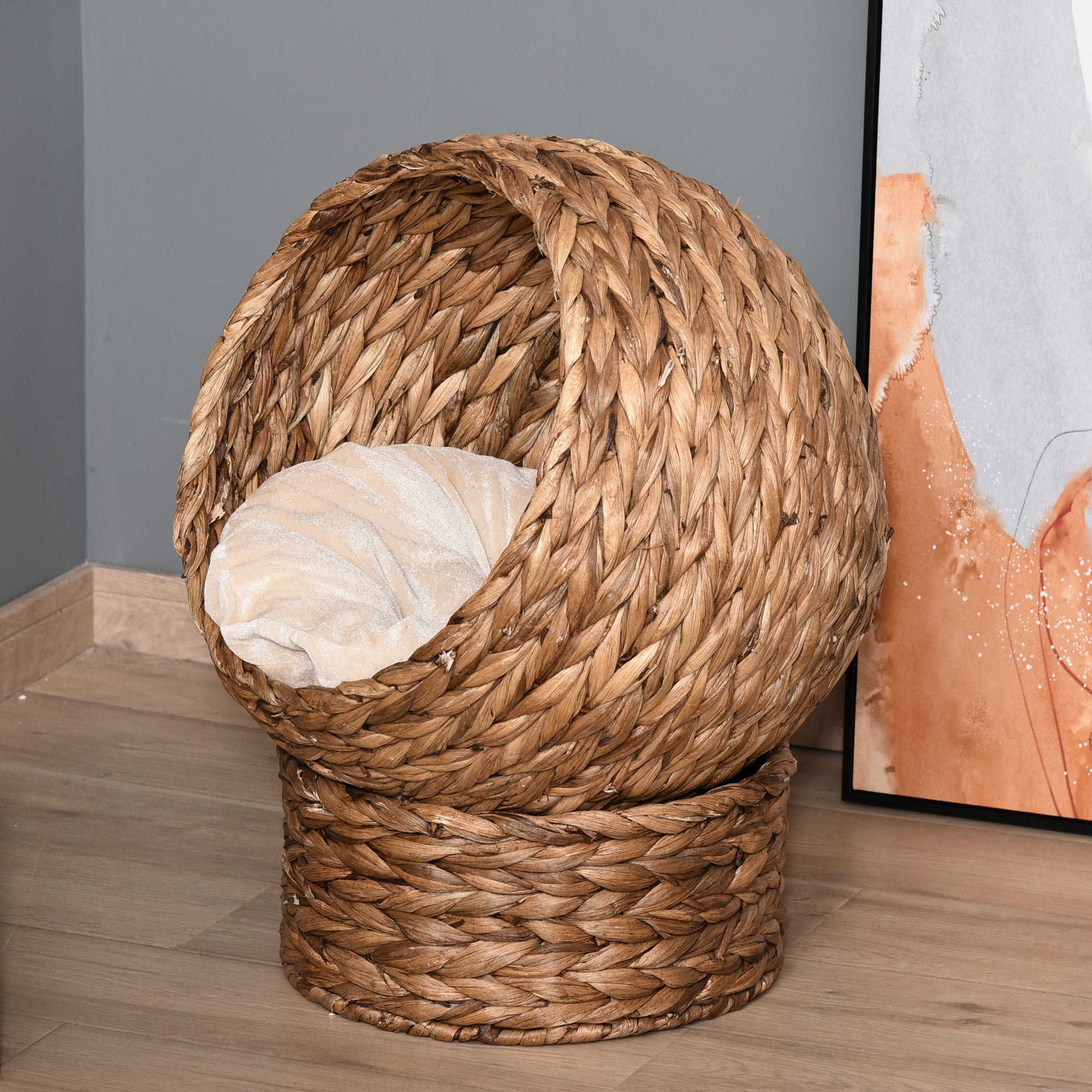 PawHut Woven Banana Leaf Elevated Cat Bed Wicker Kitten Basket Pet Den, House Cosy Cave with Soft Cushion Dome 50x42x60cm Brown