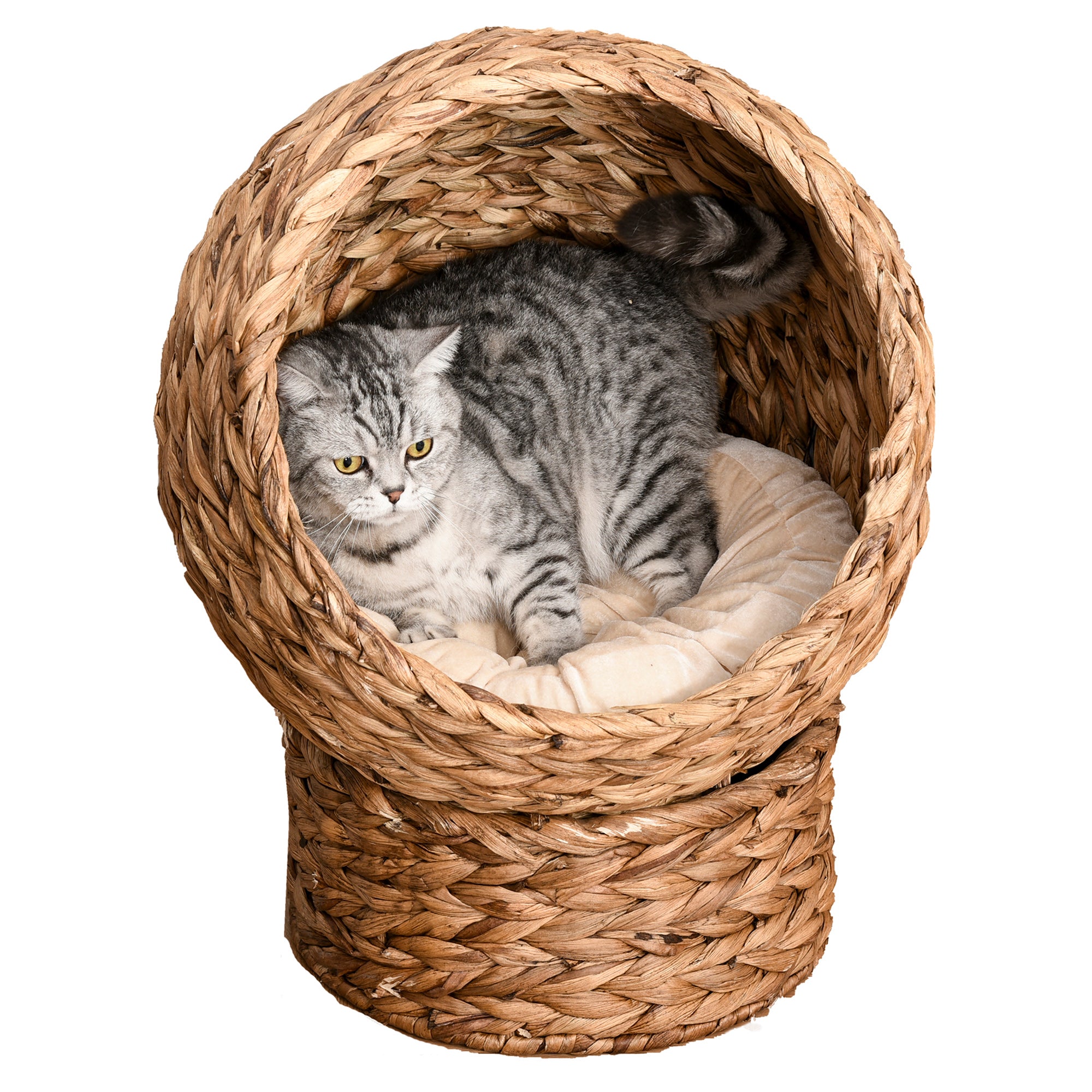 PawHut Woven Banana Leaf Elevated Cat Bed Wicker Kitten Basket Pet Den, House Cosy Cave with Soft Cushion Dome 50x42x60cm Brown