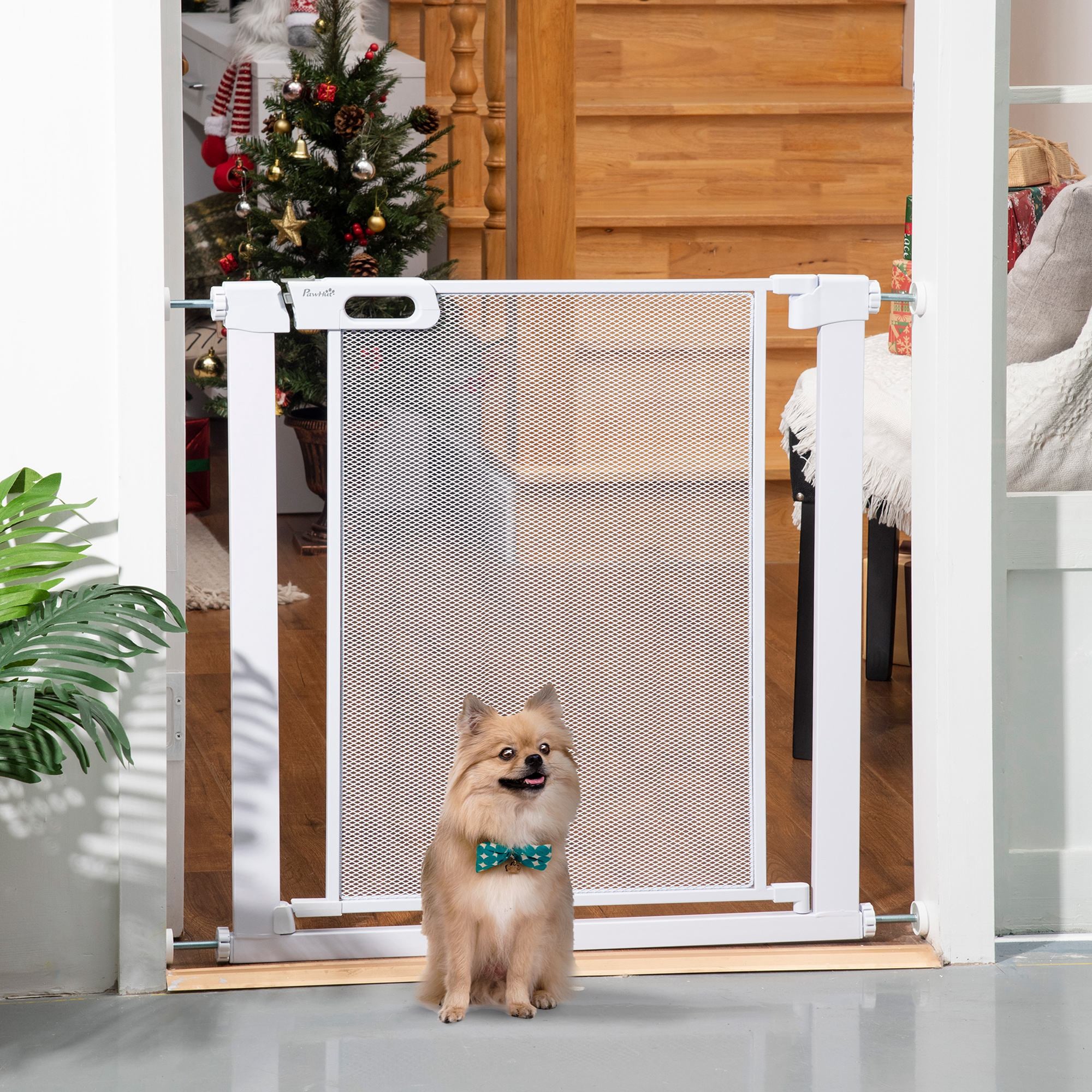 PawHut Pressure Fit Safety Gate for Doorways and Staircases, Dog Gate w/ Auto Closing Door, Pet Barrier for Hallways w/ Double Locking, Openings 75-82 cm - White