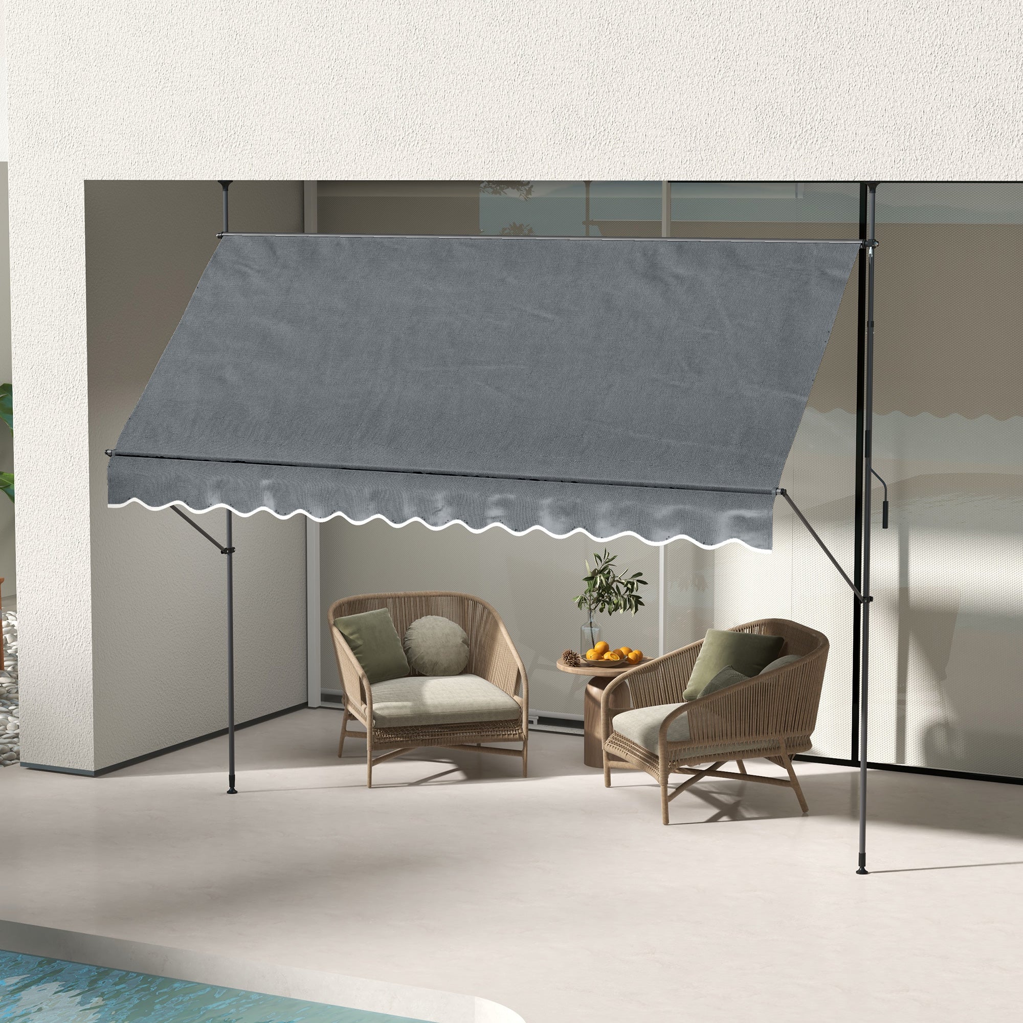 Outsunny 11.5' x 4' Manual Retractable Awning, Non-Screw Freestanding Patio Sun Shade Shelter with Support Stand and UV-resistant fabric for Window, Door Porch, Deck, Dark Grey
