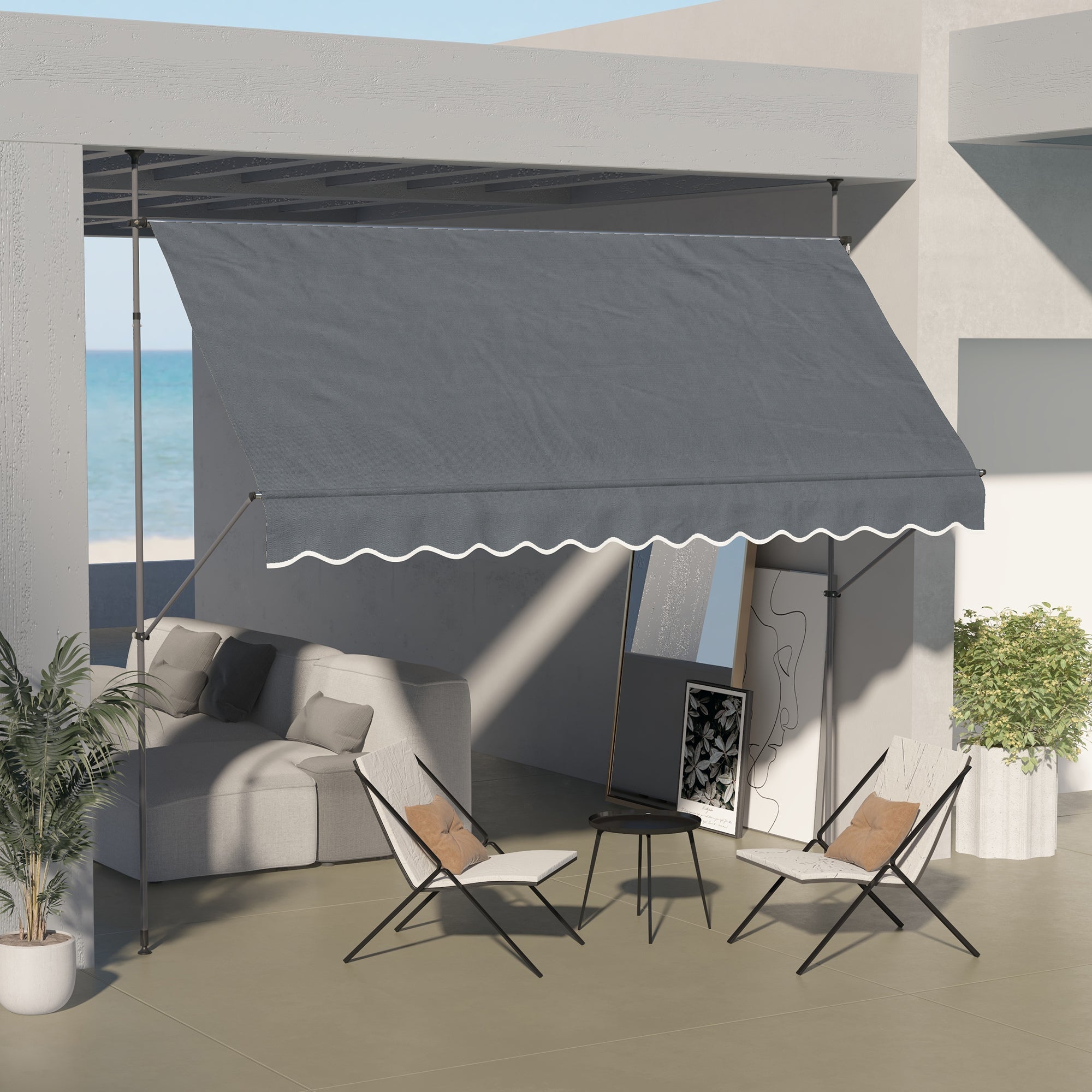 Outsunny 11.5' x 4' Manual Retractable Awning, Non-Screw Freestanding Patio Sun Shade Shelter with Support Stand and UV-resistant fabric for Window, Door Porch, Deck, Dark Grey