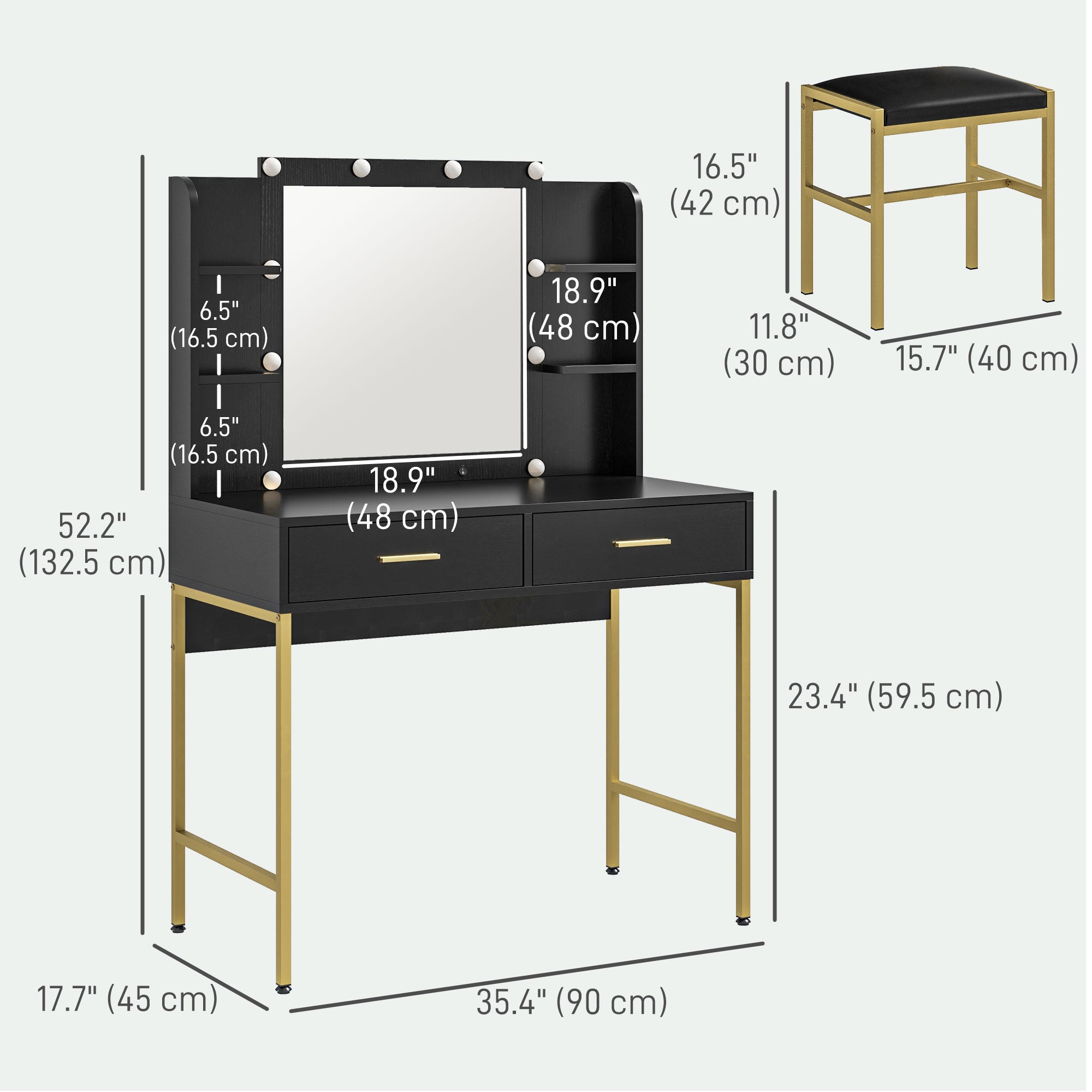 HOMCOM Vanity Set with Lighted Mirror and Stool, Makeup Vanity Desk with Drawers and Shelves, 2 Lighting Modes, 10 Bulbs, Modern Dressing Table for Bedroom, Black