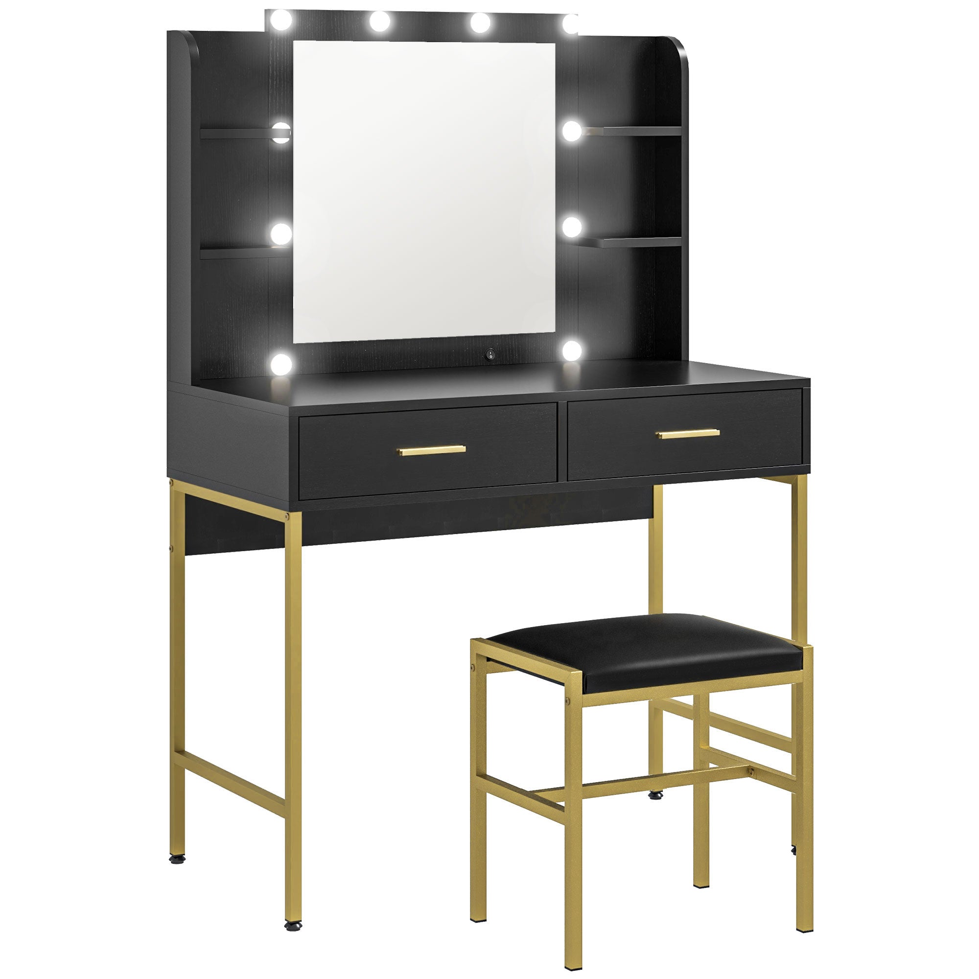 HOMCOM Vanity Set with Lighted Mirror and Stool, Makeup Vanity Desk with Drawers and Shelves, 2 Lighting Modes, 10 Bulbs, Modern Dressing Table for Bedroom, Black
