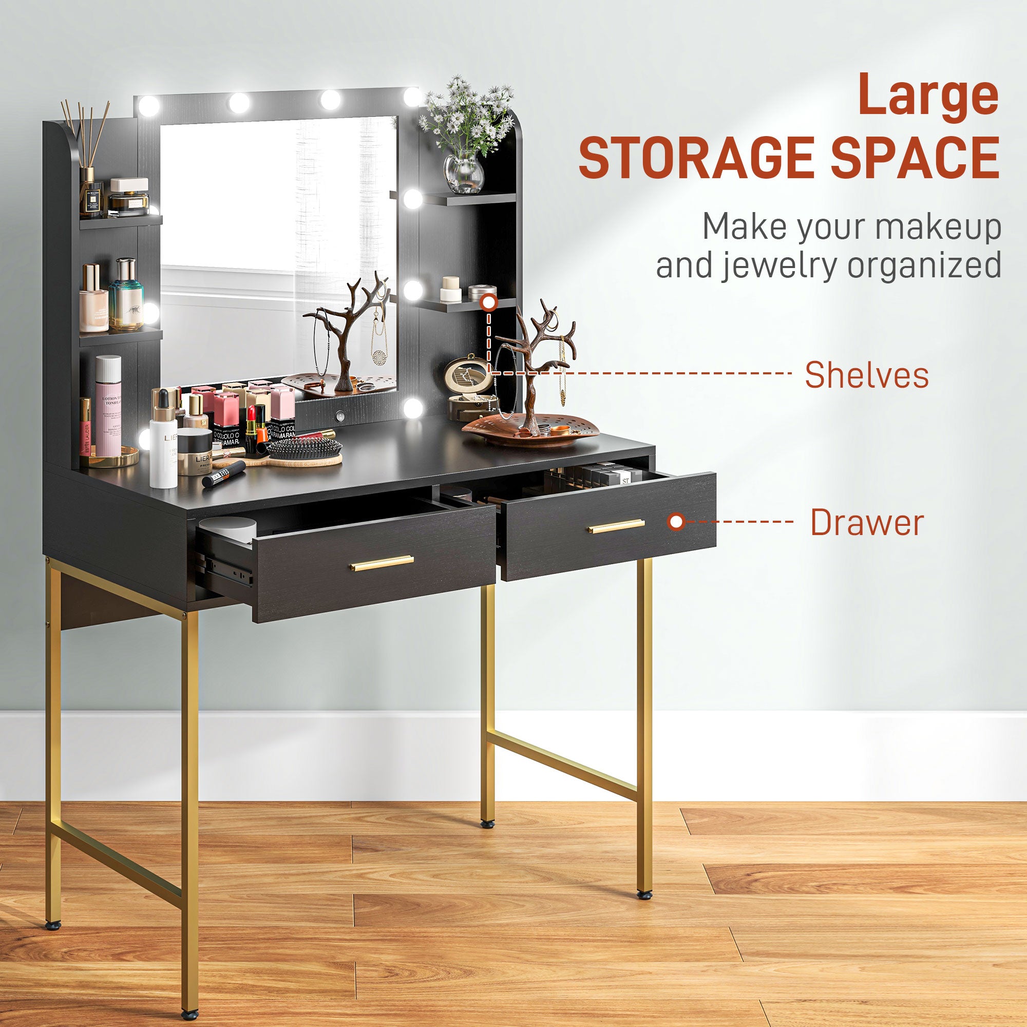 HOMCOM Vanity Set with Lighted Mirror and Stool, Makeup Vanity Desk with Drawers and Shelves, 2 Lighting Modes, 10 Bulbs, Modern Dressing Table for Bedroom, Black