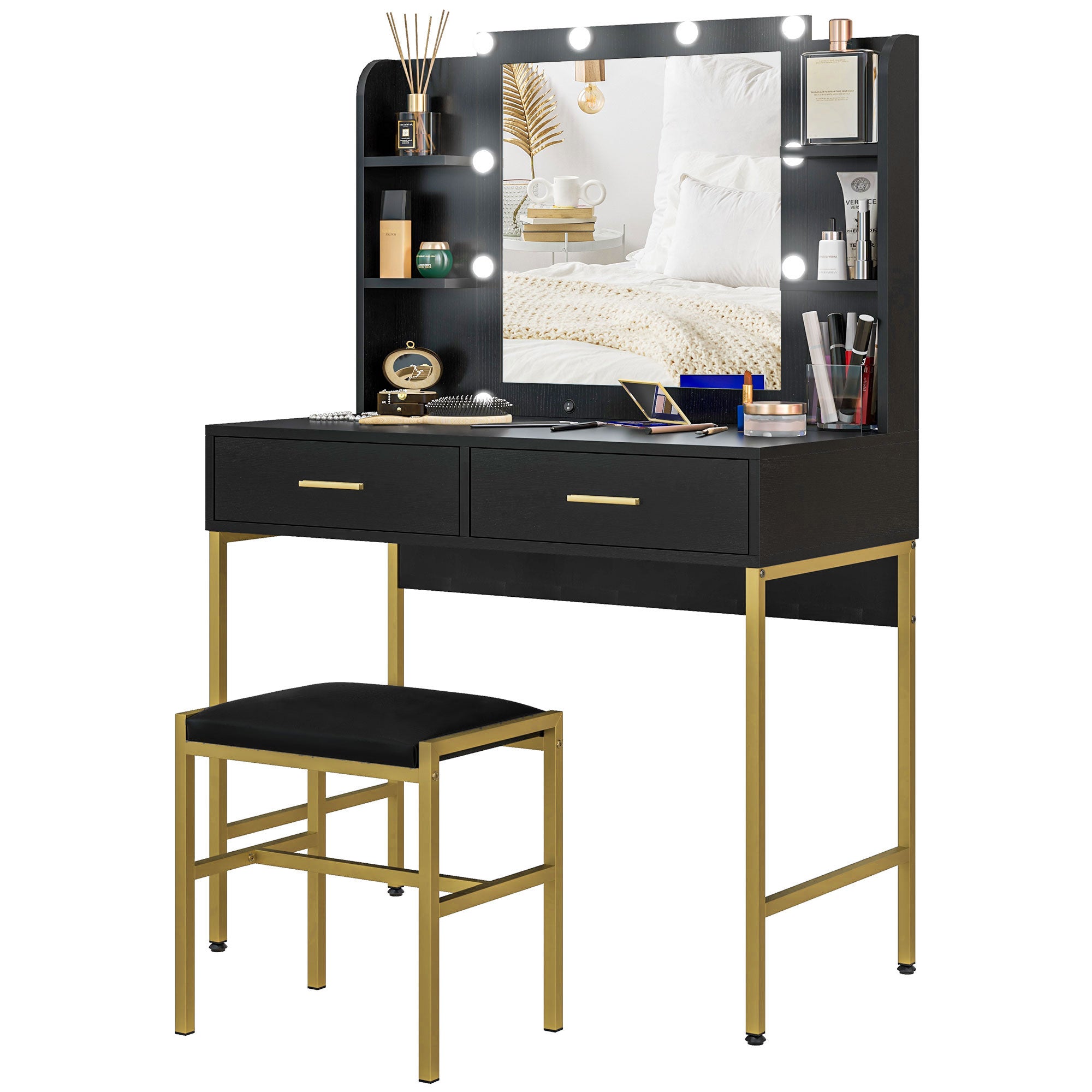 HOMCOM Vanity Set with Lighted Mirror and Stool, Makeup Vanity Desk with Drawers and Shelves, 2 Lighting Modes, 10 Bulbs, Modern Dressing Table for Bedroom, Black