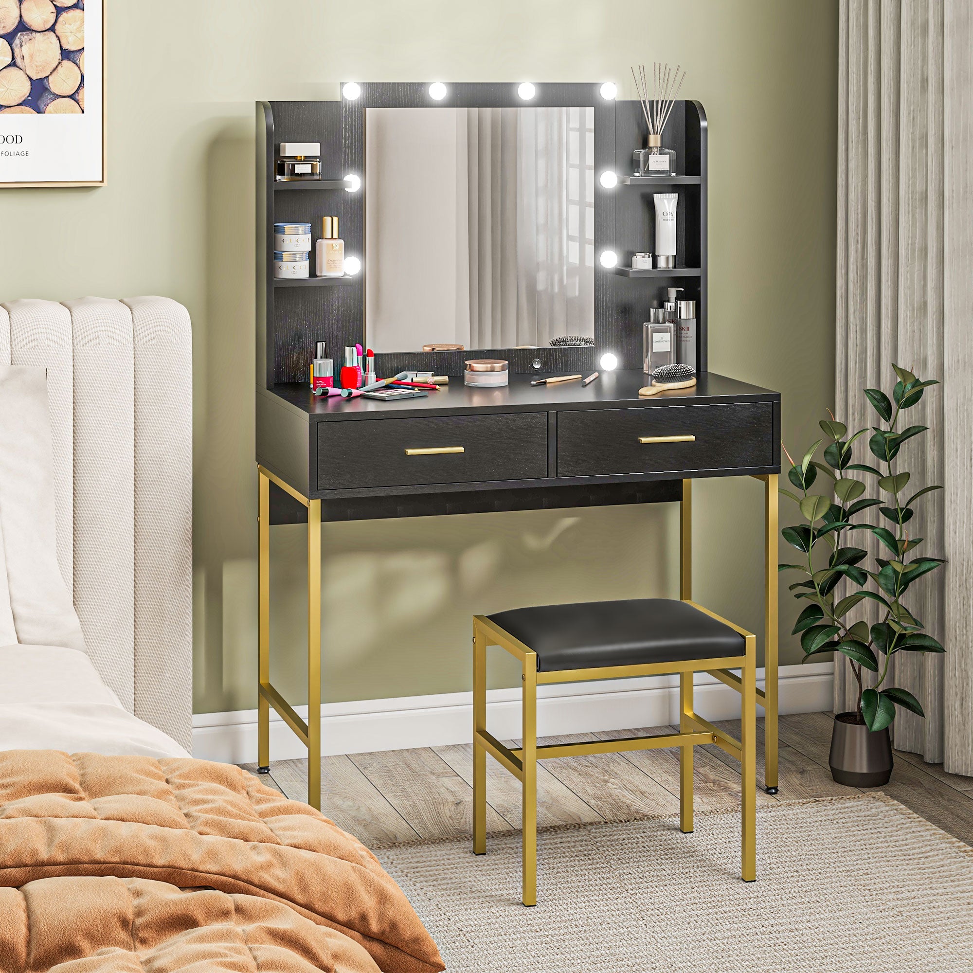 HOMCOM Vanity Set with Lighted Mirror and Stool, Makeup Vanity Desk with Drawers and Shelves, 2 Lighting Modes, 10 Bulbs, Modern Dressing Table for Bedroom, Black