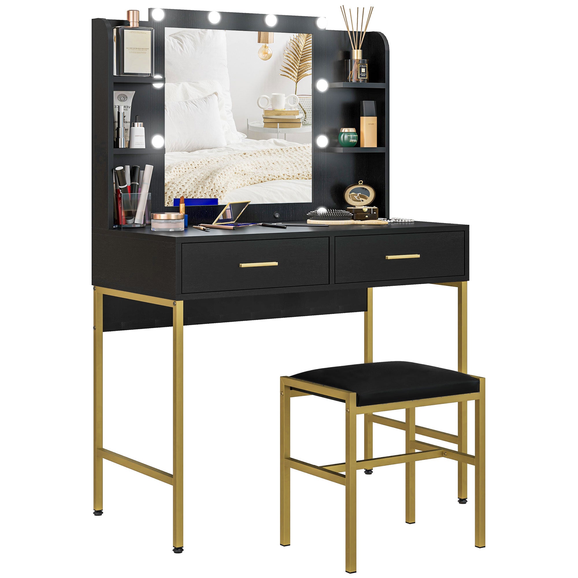 HOMCOM Vanity Set with Lighted Mirror and Stool, Makeup Vanity Desk with Drawers and Shelves, 2 Lighting Modes, 10 Bulbs, Modern Dressing Table for Bedroom, Black