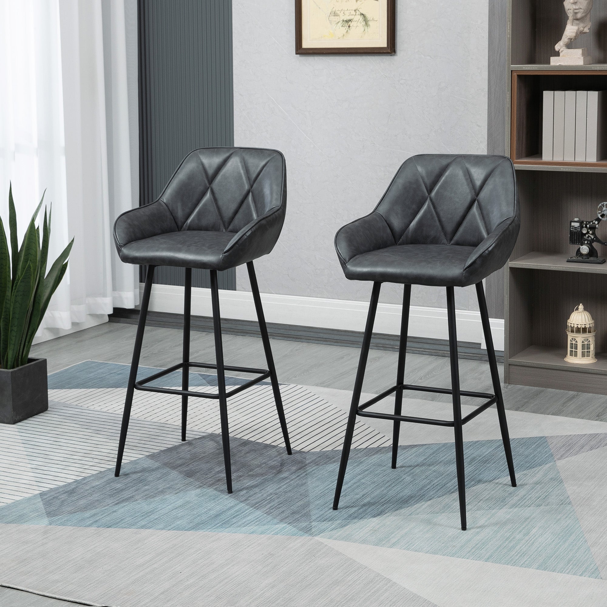 HOMCOM Retro Bar Stools Set of 2, Bar Chairs with Footrest, 30" (76 cm.) Kitchen Stools with Backs and Steel Legs, for Kitchen Island and Home Bar, Black