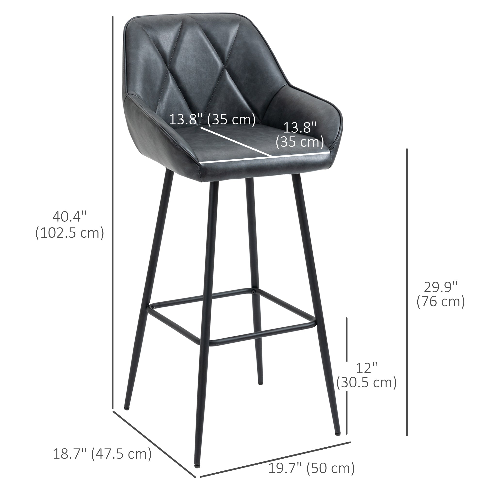 HOMCOM Retro Bar Stools Set of 2, Bar Chairs with Footrest, 30" (76 cm.) Kitchen Stools with Backs and Steel Legs, for Kitchen Island and Home Bar, Black