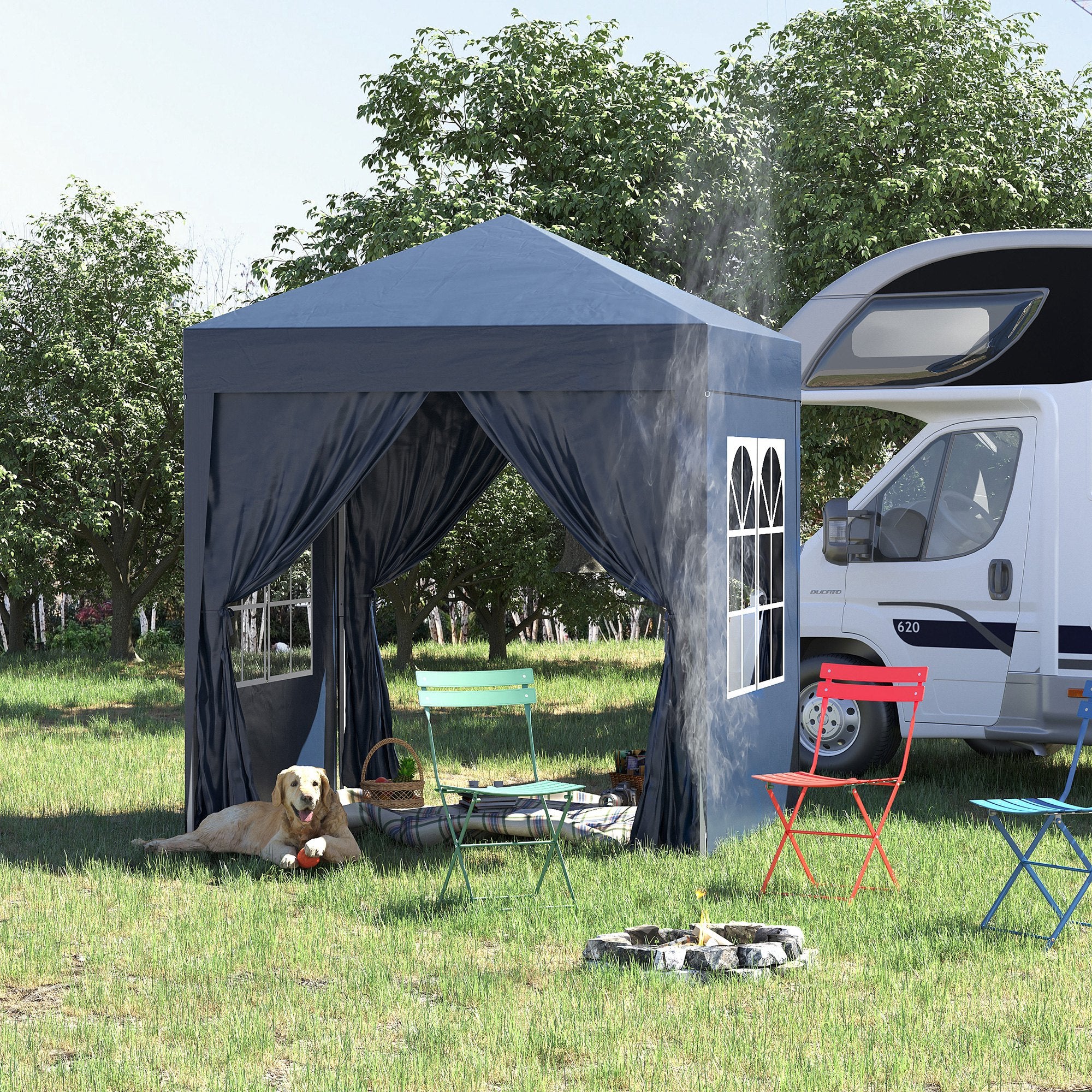 Outsunny 6.6'x6.6' Pop Up Canopy Tent with Sidewalls, Instant Sun Shelter Camping Gazebo with Carry Bag, for Outdoor, Garden, Patio, Blue