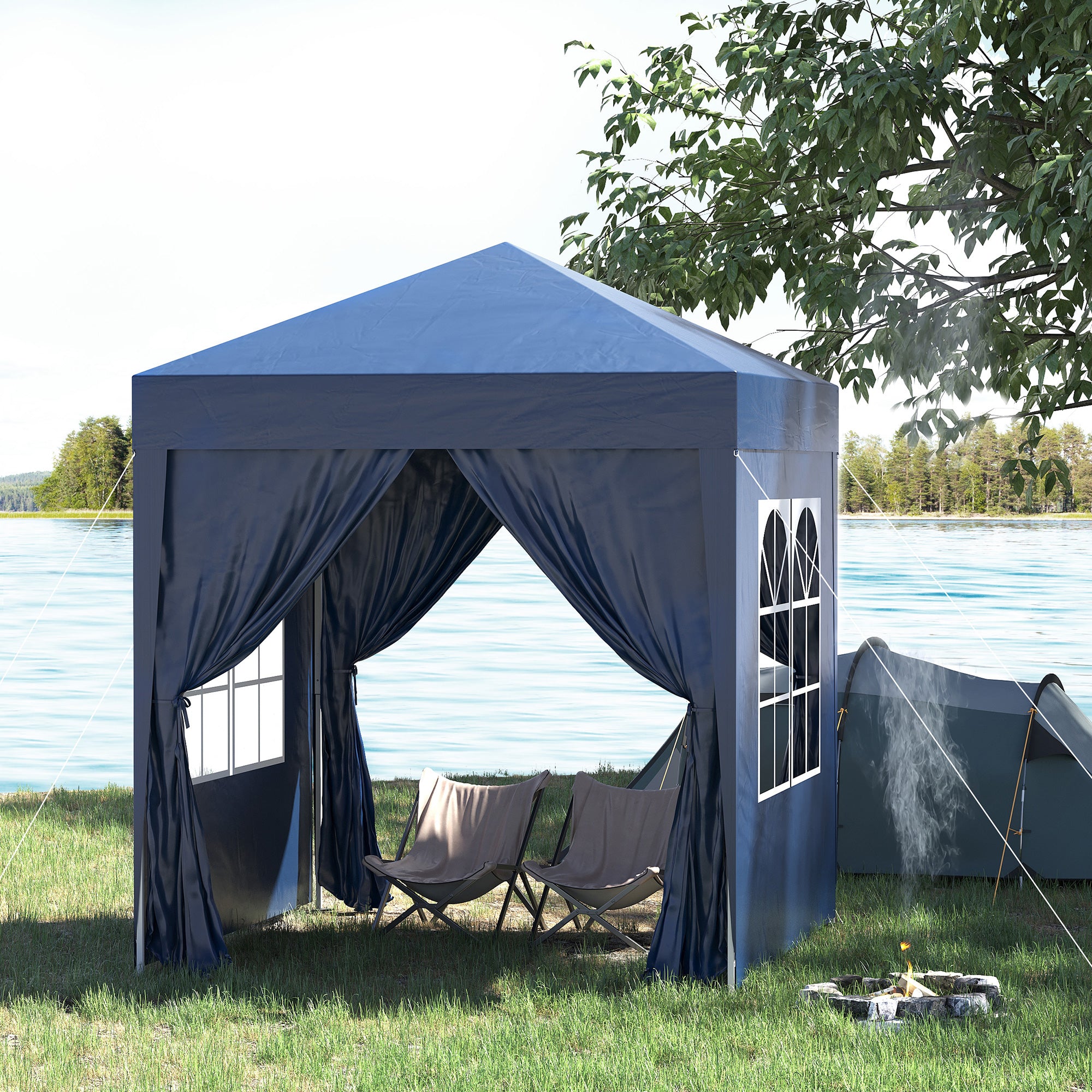 Outsunny 6.6'x6.6' Pop Up Canopy Tent with Sidewalls, Instant Sun Shelter Camping Gazebo with Carry Bag, for Outdoor, Garden, Patio, Blue