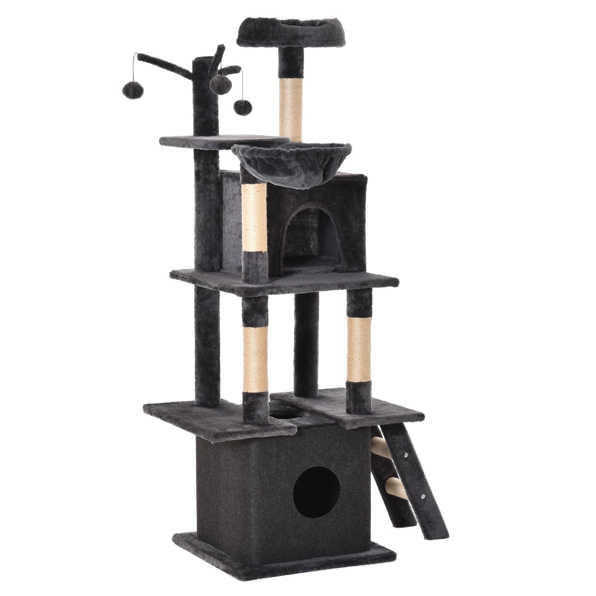 PawHut Cat Tree Tower for Indoor Cats 150cm Climbing Kitten Activity Center with Sisal Scratching Post Perch Hanging Ball Toy Hammock Ladder Double Condo Dark Grey