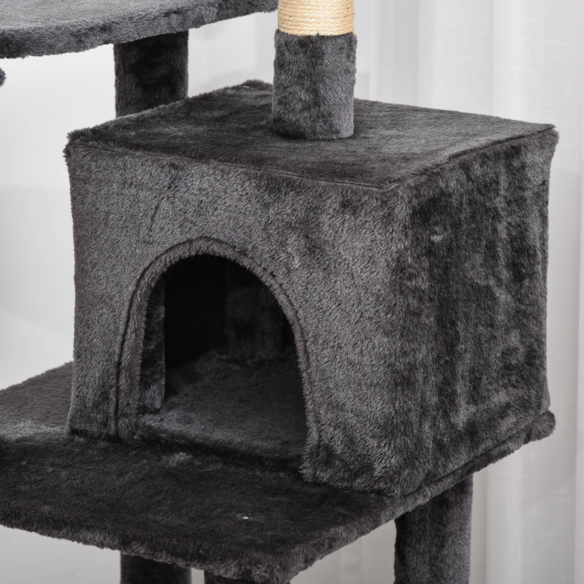 PawHut Cat Tree Tower for Indoor Cats 150cm Climbing Kitten Activity Center with Sisal Scratching Post Perch Hanging Ball Toy Hammock Ladder Double Condo Dark Grey
