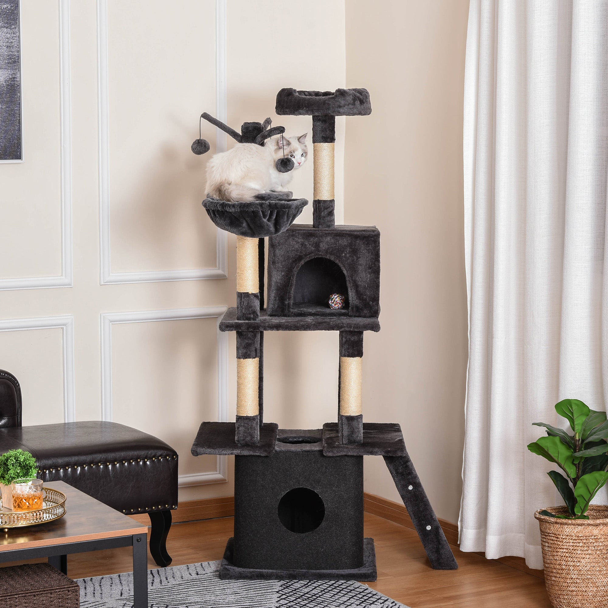 PawHut Cat Tree Tower for Indoor Cats 150cm Climbing Kitten Activity Center with Sisal Scratching Post Perch Hanging Ball Toy Hammock Ladder Double Condo Dark Grey
