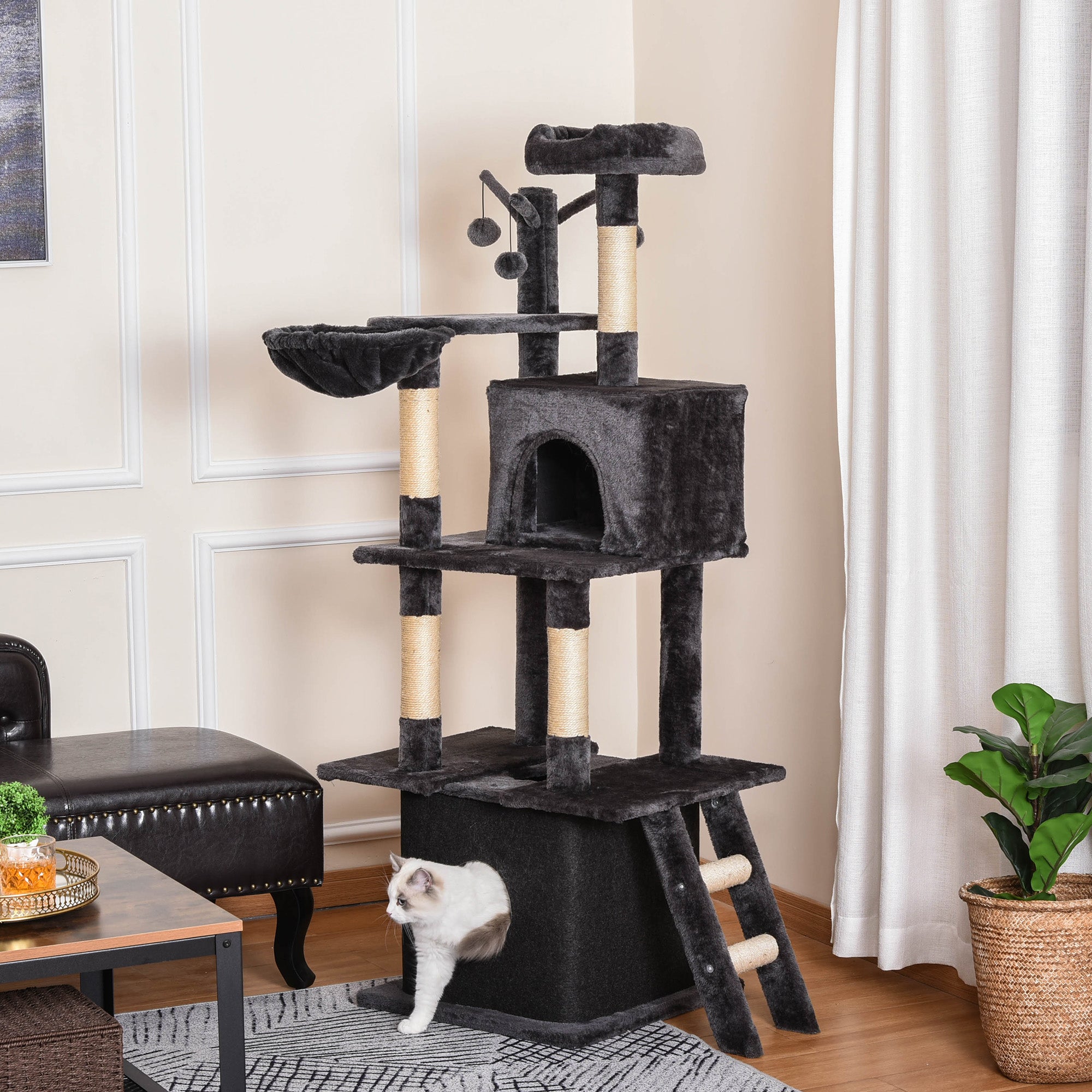 PawHut Cat Tree Tower for Indoor Cats 150cm Climbing Kitten Activity Center with Sisal Scratching Post Perch Hanging Ball Toy Hammock Ladder Double Condo Dark Grey