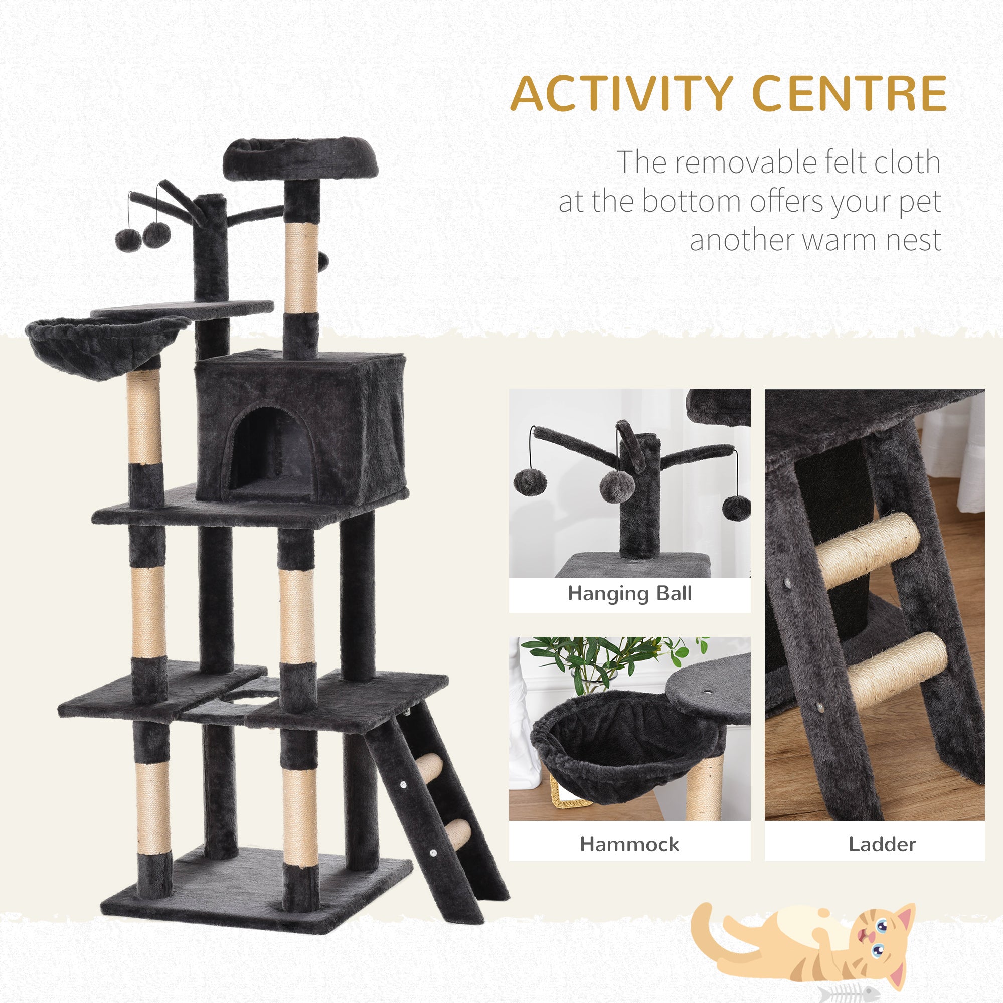 PawHut Cat Tree Tower for Indoor Cats 150cm Climbing Kitten Activity Center with Sisal Scratching Post Perch Hanging Ball Toy Hammock Ladder Double Condo Dark Grey